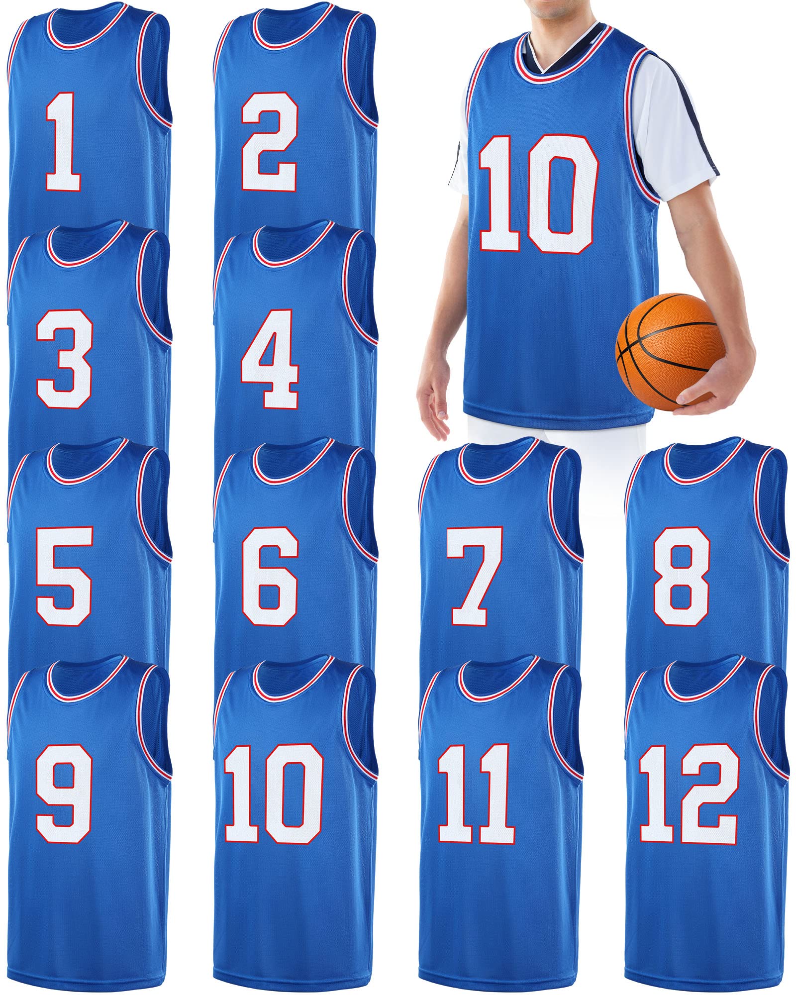 Funtery 12 Pcs Men Basketball Jerseys Mesh Basketball Uniform 2XL