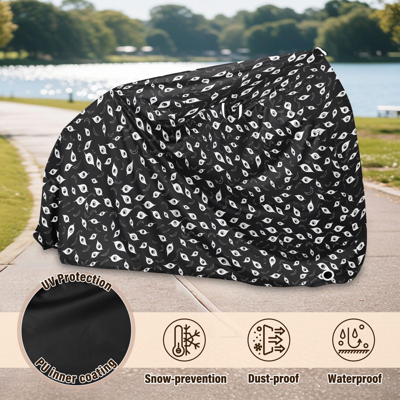 Pokrowiec na rower, wodoodporny, outdoorowy, rowerowy, motorower, wytrzymały, wiatroszczelny, ochrona przed słońcem, do roweru górskiego, szosowego, wzór białych oczu