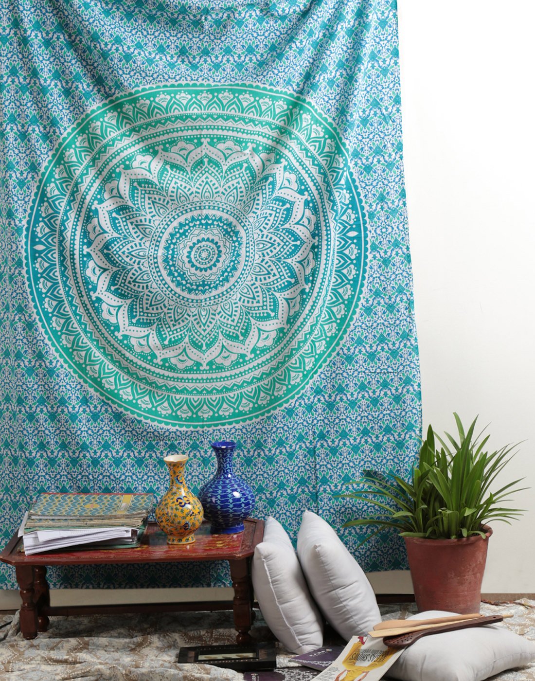 RAJRANG BRINGING RAJASTHAN TO YOU Grüne Ombre Mandala Wandteppich 54x84 Incesas Hippie Wandkunst Hanging Boho Bohemian Schlafsaal Dekor Strand Wurf Psychedelic Bettwäsche