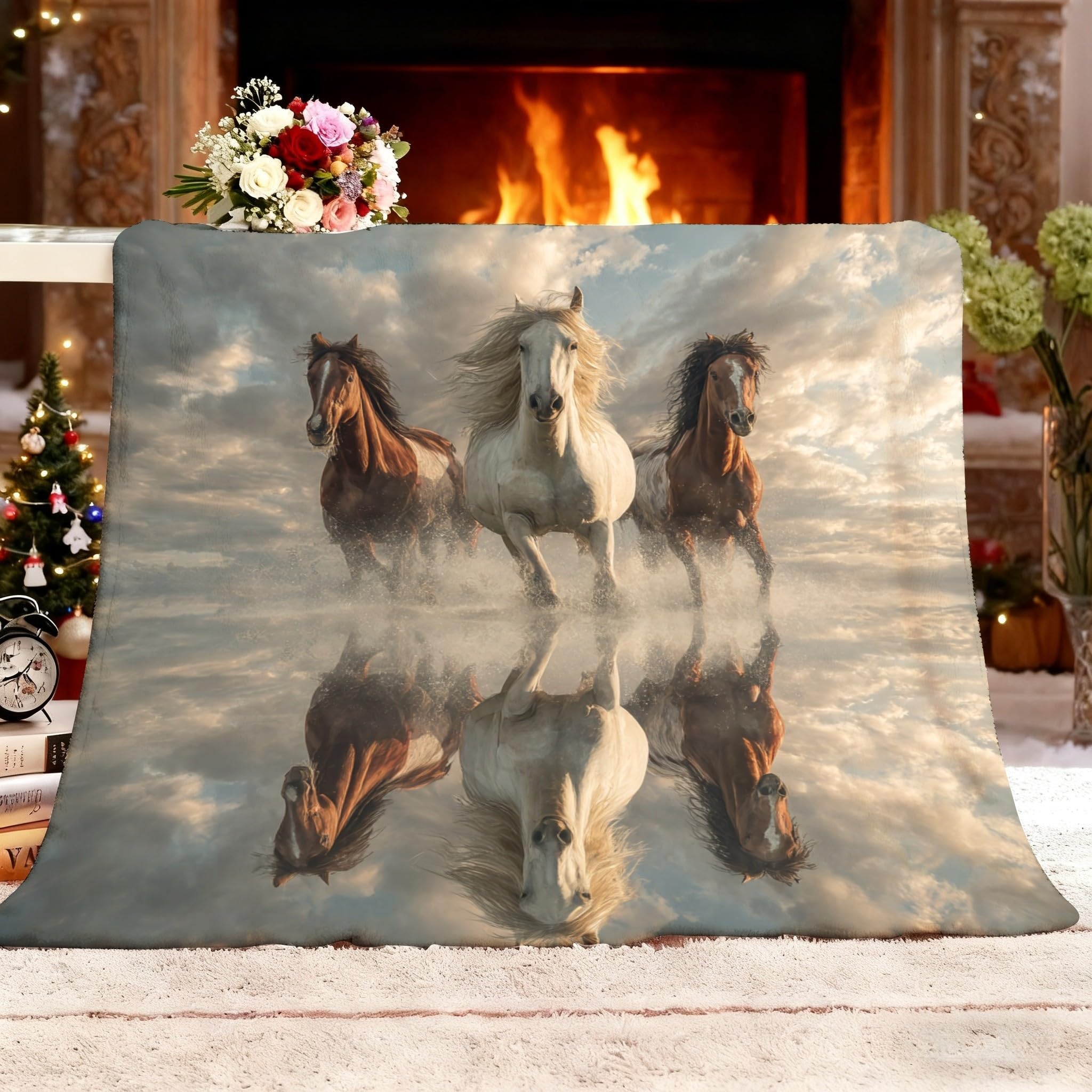 Couverture sherpa design illusion visuelle cheval en flanelle premium