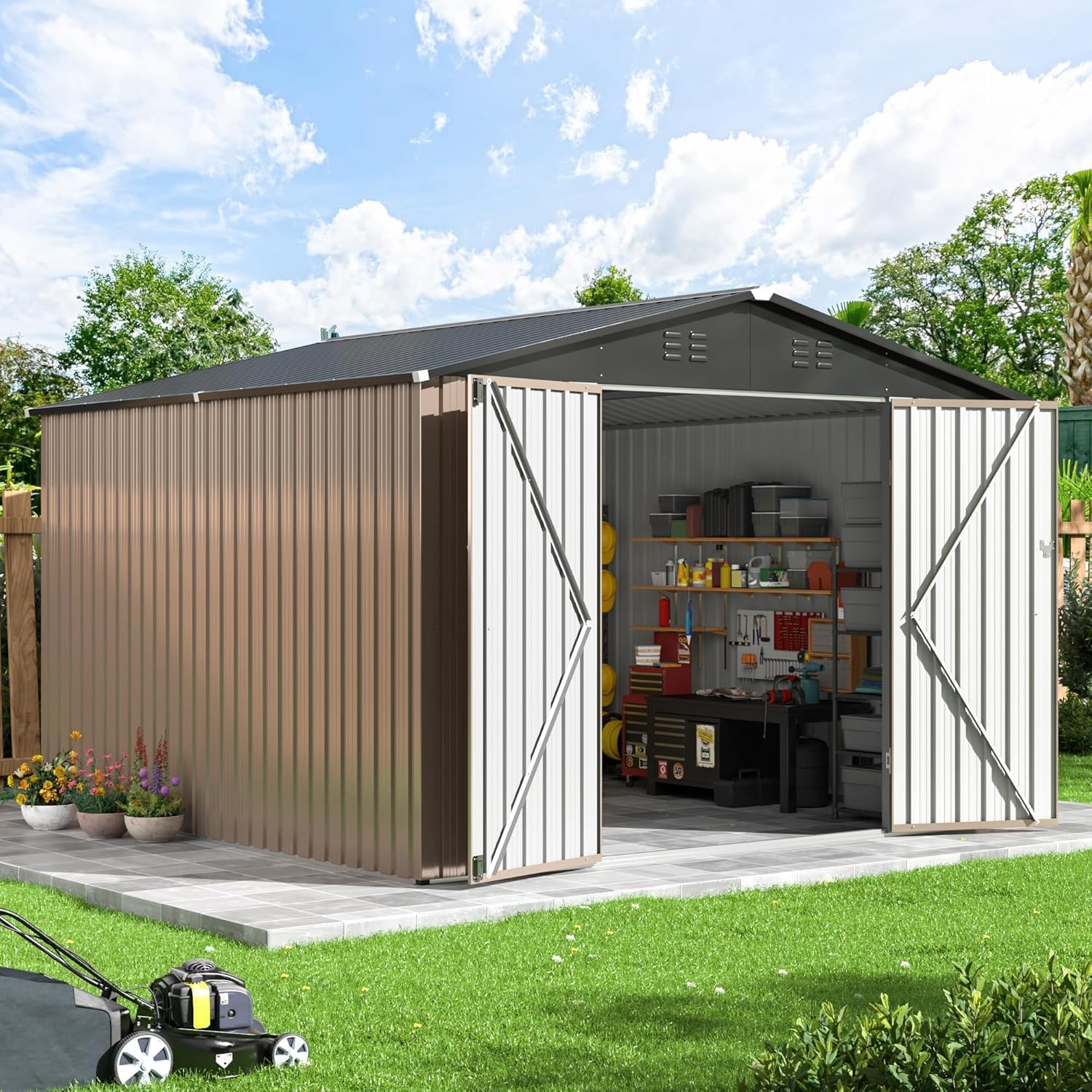 10x10 FT Outdoor Storage Shed, Metal Garden Shed with Updated Lockable Doors and Frame Structure, Large Tool Sheds for Backyard Garden Patio Lawn, Brown