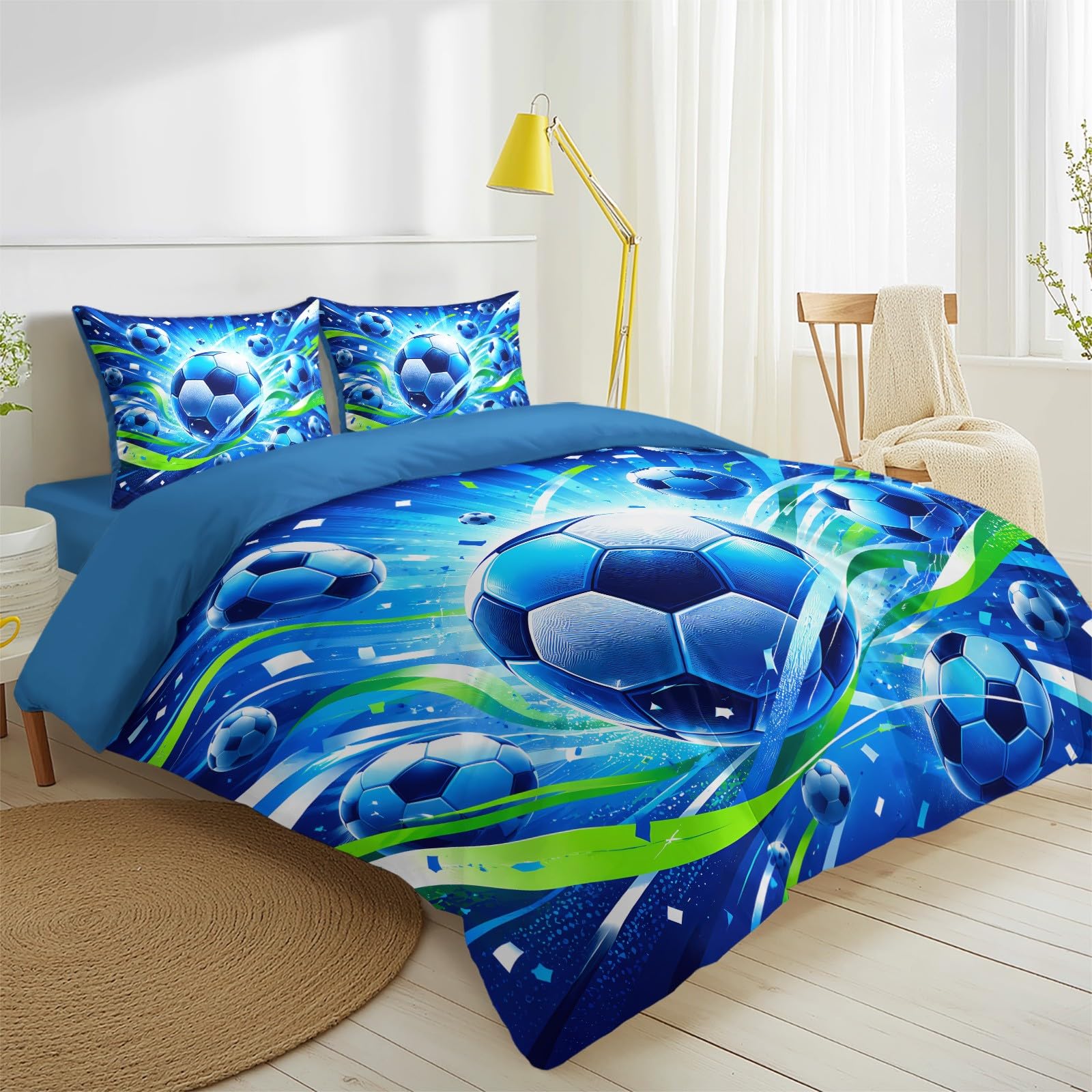 Générique Poszwa na kołdrę 240 x 220 cm, piłka nożna, komplet pościeli 2-osobowej, prześcieradło z gumką, taśma piłkarska 4-częściowy zestaw pościeli z 2 poszewkami na poduszki