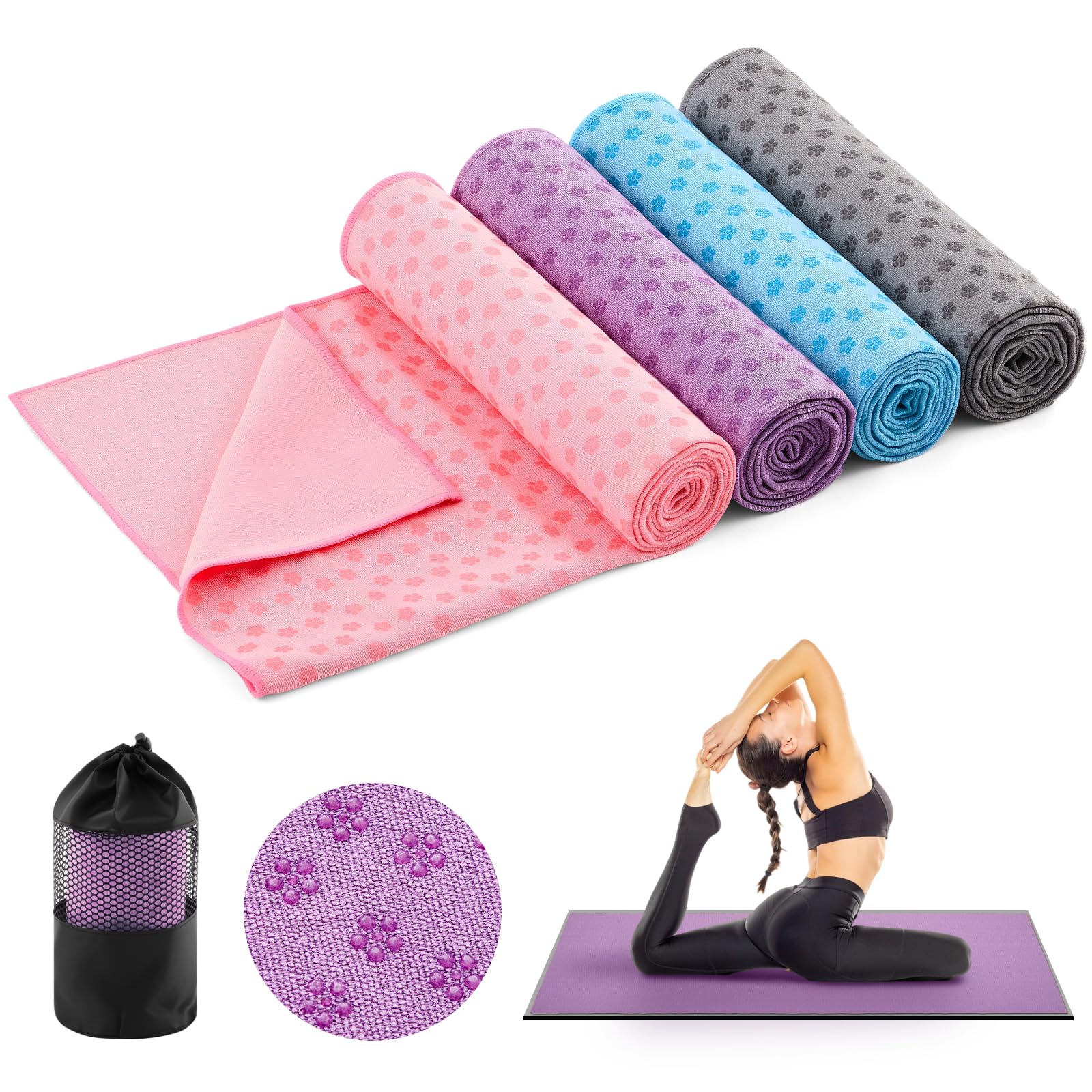 Breling 4 Set 72" x 24" Yoga Mat Towel with Grip Dot Microfiber Non Slip Hot Yoga Towel Absorbent Microfiber Sweat Anti-Slip Cover for Bikram, Pilates, Exercise and Fitness-image-18