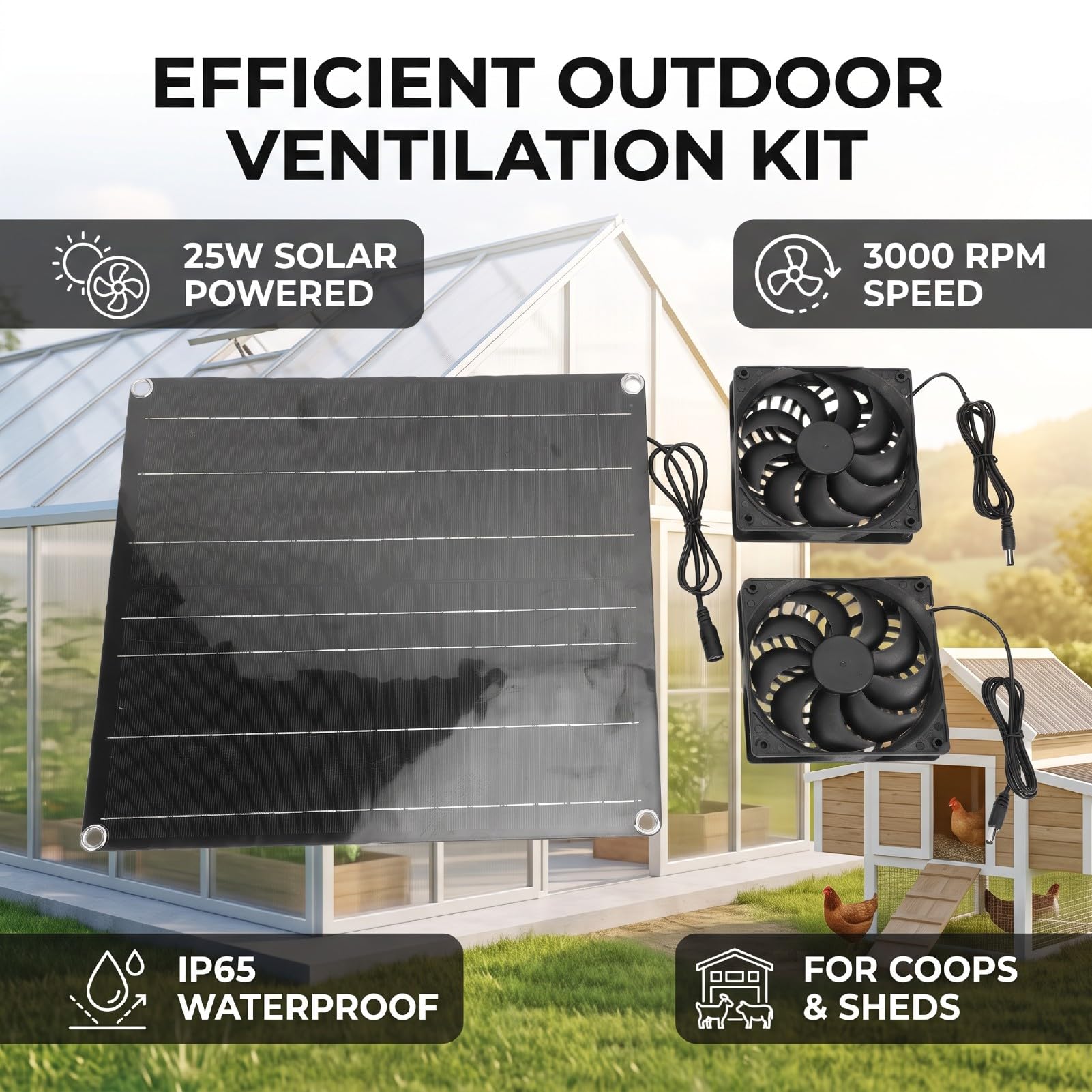 Kit Ventilateur énergie Solaire, 25W, Double Ventilateur, 3000RPM
