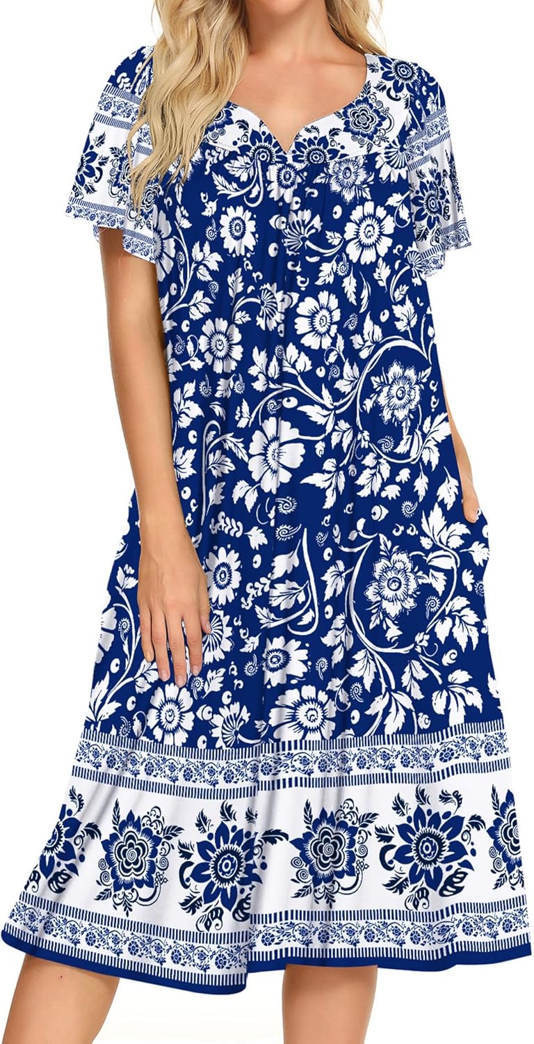 Bloggerlove House Dresses for Women With Pockets Mumu Duster Housecoat Short Sleeve Patio Dress S-XXL