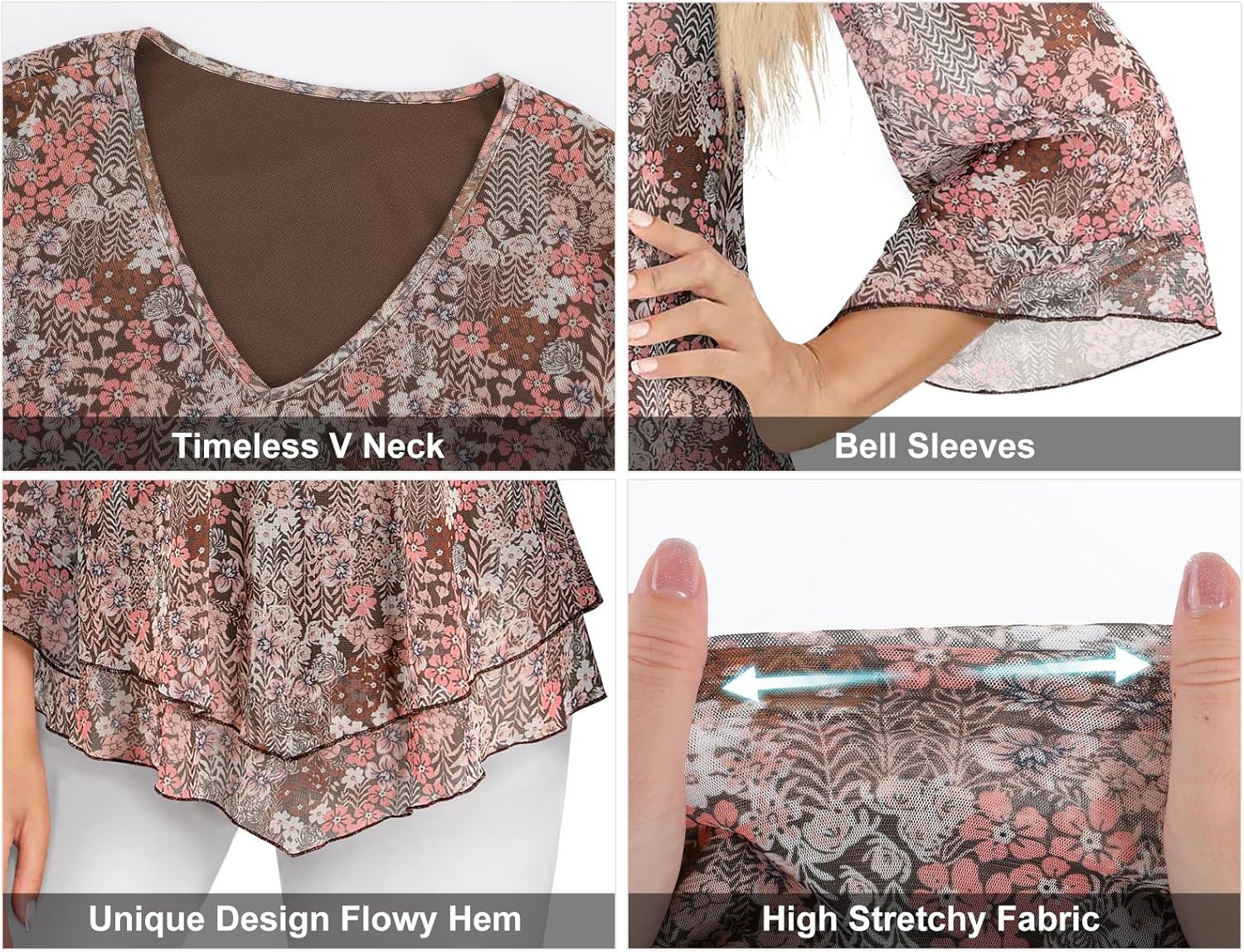 Viracy Womens Dressy Blouse V Neck Double Layers Elastic Mesh Casual Flowy Work Shirts Ruffle 3/4 Flared Sleeve Tunic Tops - Image 4