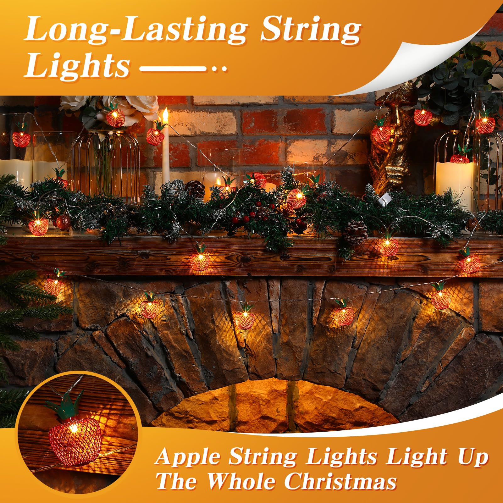VIHOSE 3 juegos de 10 luces LED de manzana en forma de fruta, luces de hadas que funcionan con pilas, decoración de lámpara colgante LED para decoración de fiesta temática de otoño, dormitorio,