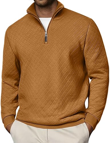 COOFANDY Men Quarter Zip Pullover Long Sleeve Quilted Sweatshirt Waffle