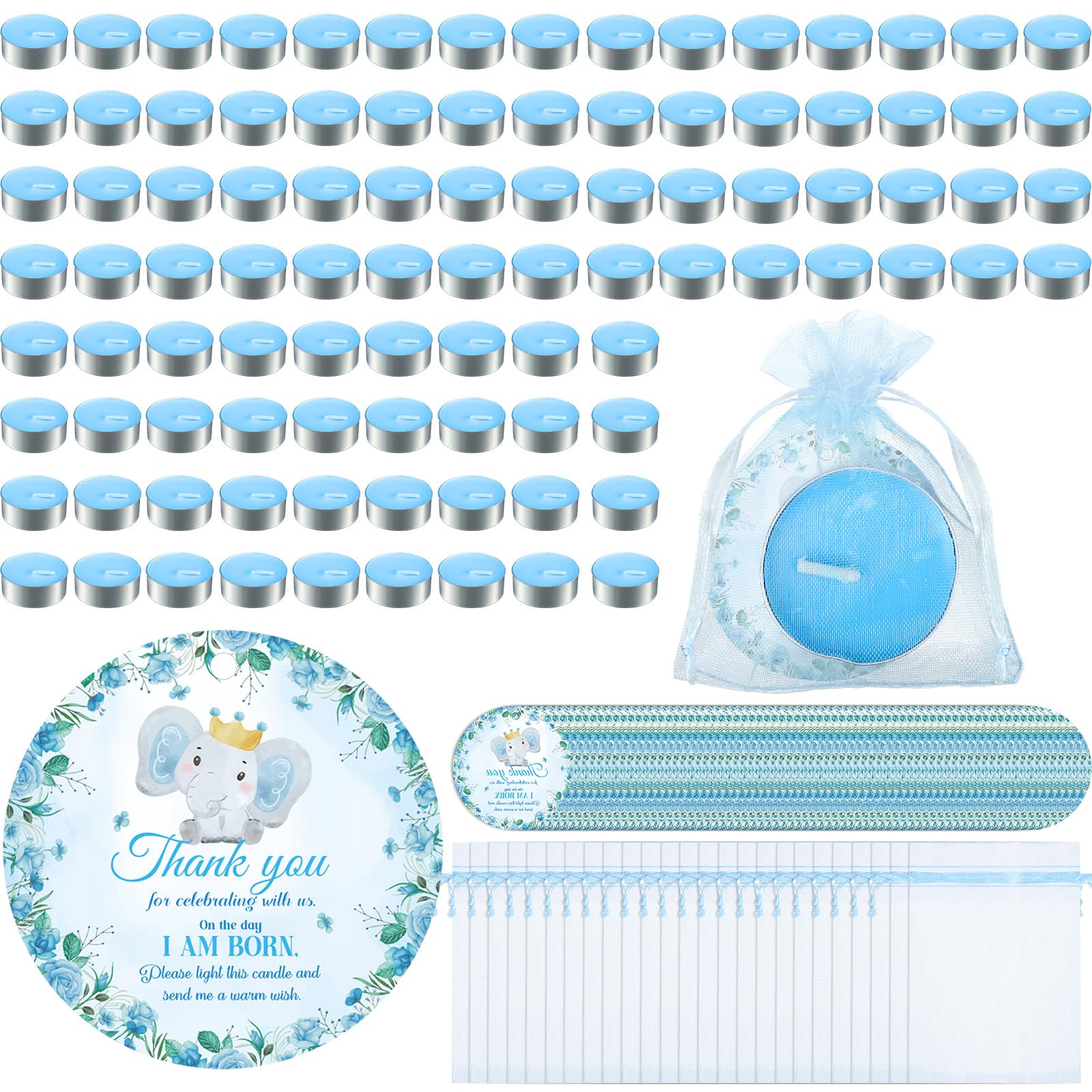 Photo 1 of 100 Sets Baby Shower Favors Tea Lights Candles for Guests with Mini Cards and Mesh Bags for Baby Shower Gender Reveal Party(Blue)
