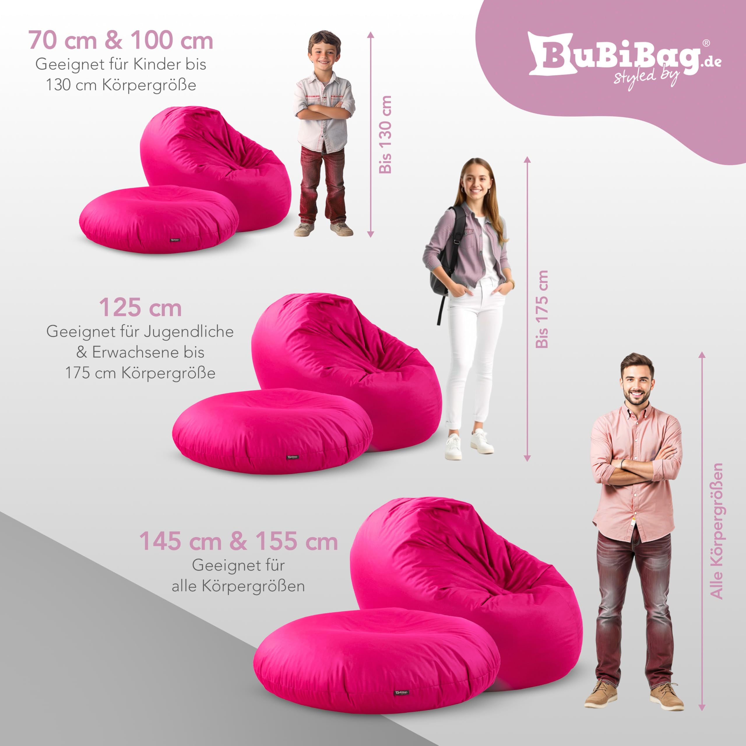 BuBiBag 2in1 Sitzsack für Kinder & Erwachsene - Farbe: Beere Ø 70cm - Indoor & Outdoor - Bodenkissen & Sessel - mit EPS-Perlen - ergonomisch & wasserabweisend