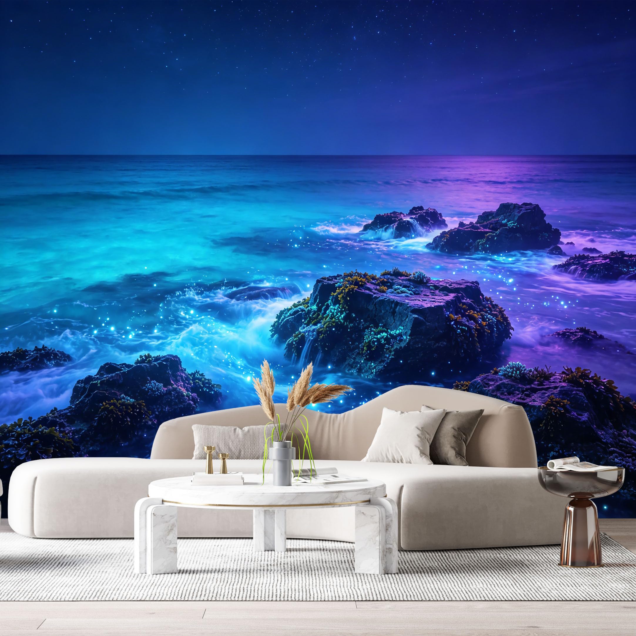 Custom Size Wall Murals Coastal Ocean Marine Glowing Bioluminescent Waves Night Seascape SelfAdhesiveWall Fabric Removable Wallpaper Wall Decor for Living Room Bedroom Bathroom
