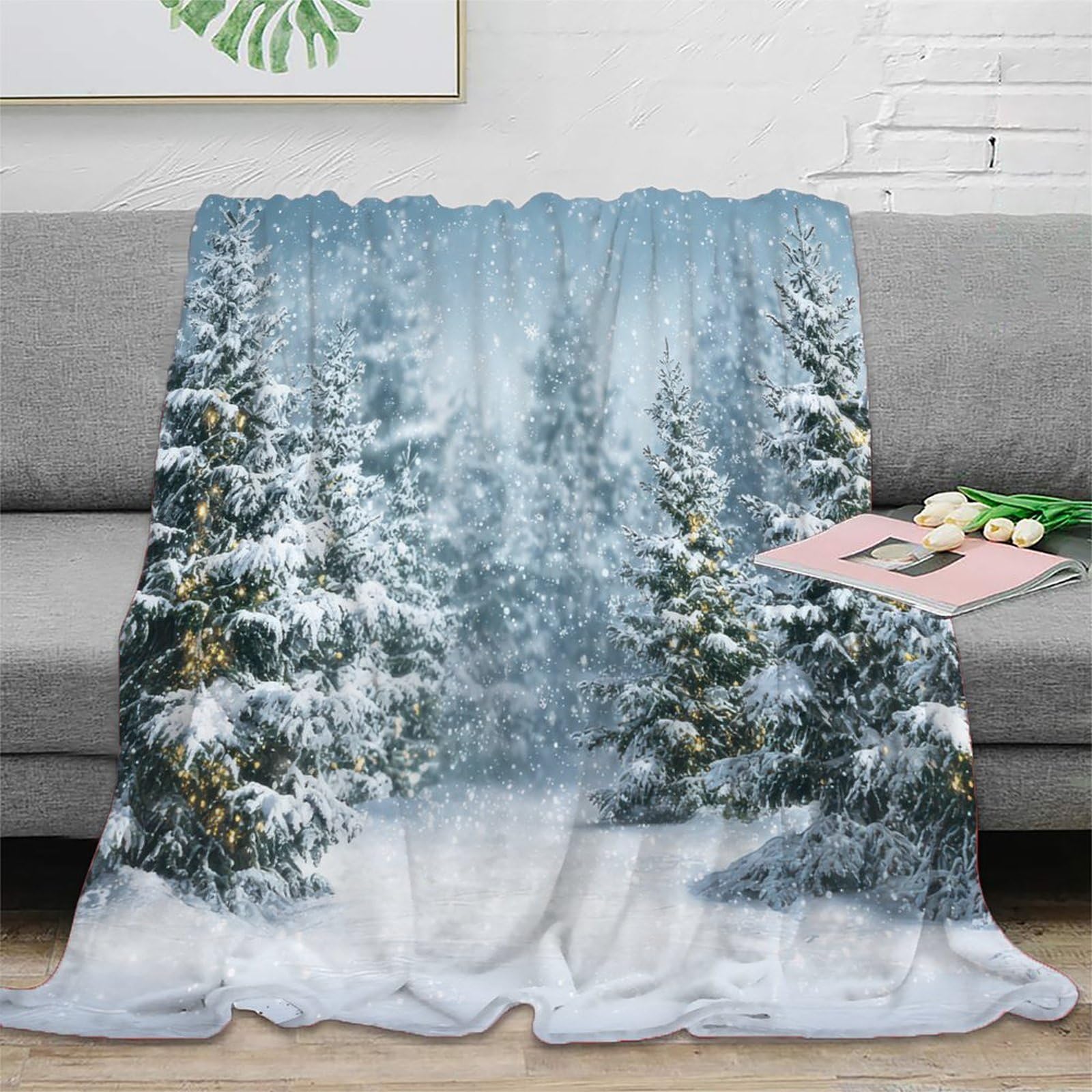 Plaid de salon paysage hivernal en microfibre 150x200cm pour lit et canapé