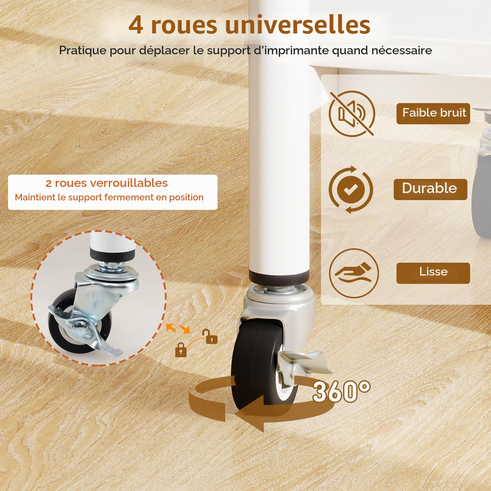 HOMASIS Meuble Imprimante à 3 Niveaux, Hauteur Réglable, Support Imprimante avec Rangement, Table Mobile Industrielle avec Étagère, Roues Verrouillables pour Télécopieur, Machine et Scanner (Blanc)