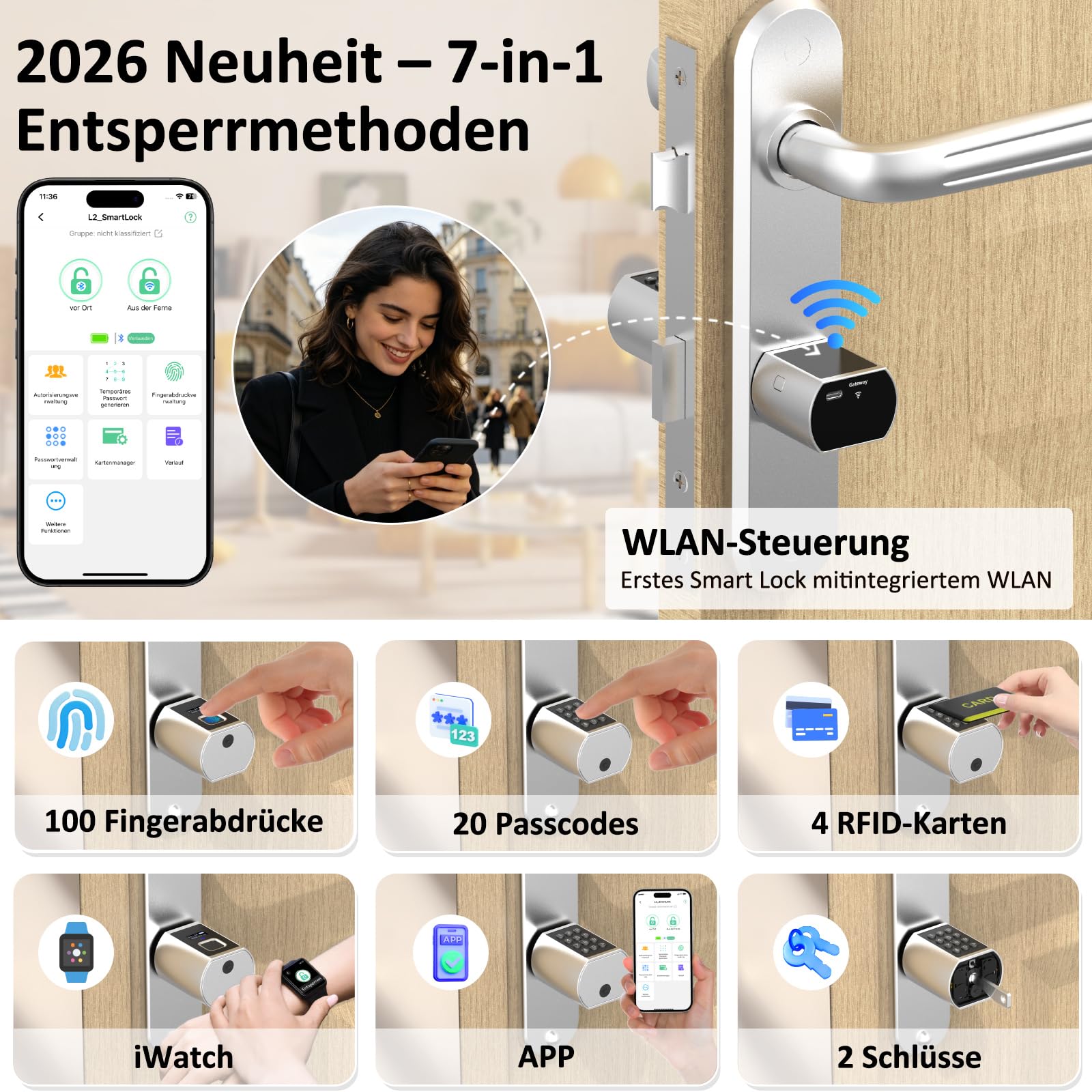 Anweller Smartes Türschloss Fingerabdruck mit Zahlencode, Elektronisches Schließzylinder Haustür mit WLAN-Fernbedienung und Display, inkl. Schlüssel & IC-Karte für 60-130mm Türen