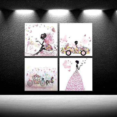 Miniatura 2 de iKNOW FOTO 4 piezas de lienzo rosa para pared, diseño de hadas y mariposas voladoras, estirado y enmarcado, listo para colgar, obras de arte giclée