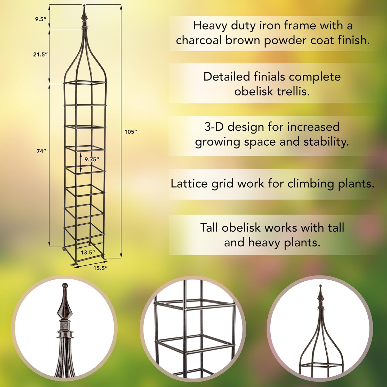 H Potter Trellis Obelisk Tall 15.5" Square x 105" H Metal Garden Decor Vertical Yard Art for Roses Climbing Plants Weather Resistant