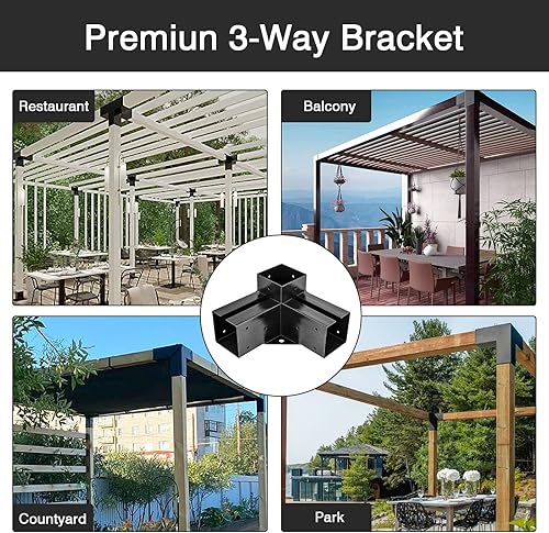 Miniatura 8 de FMhotu Kit de soportes para pérgola de bricolaje, paquete de 4 soportes de esquina de ángulo recto de 3 vías para madera de 4 x 4 (tamaño interior