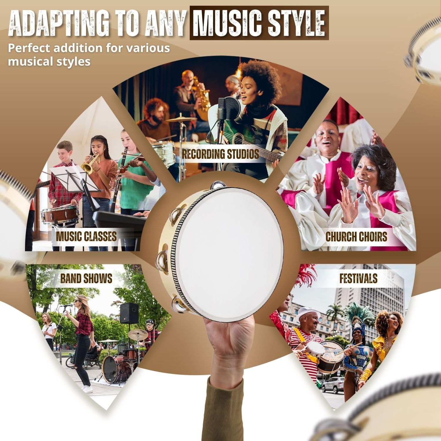 Flexzion Tamburin, Handtrommel mit Handgriff - 2er-Pack, 20cm Schellenkranz in Mond-Form aus Holz, Musik Schlaginstrument, 1-reihige Schellenring mit 5 Paar Metall Schellen, Schlagzeug, Beige