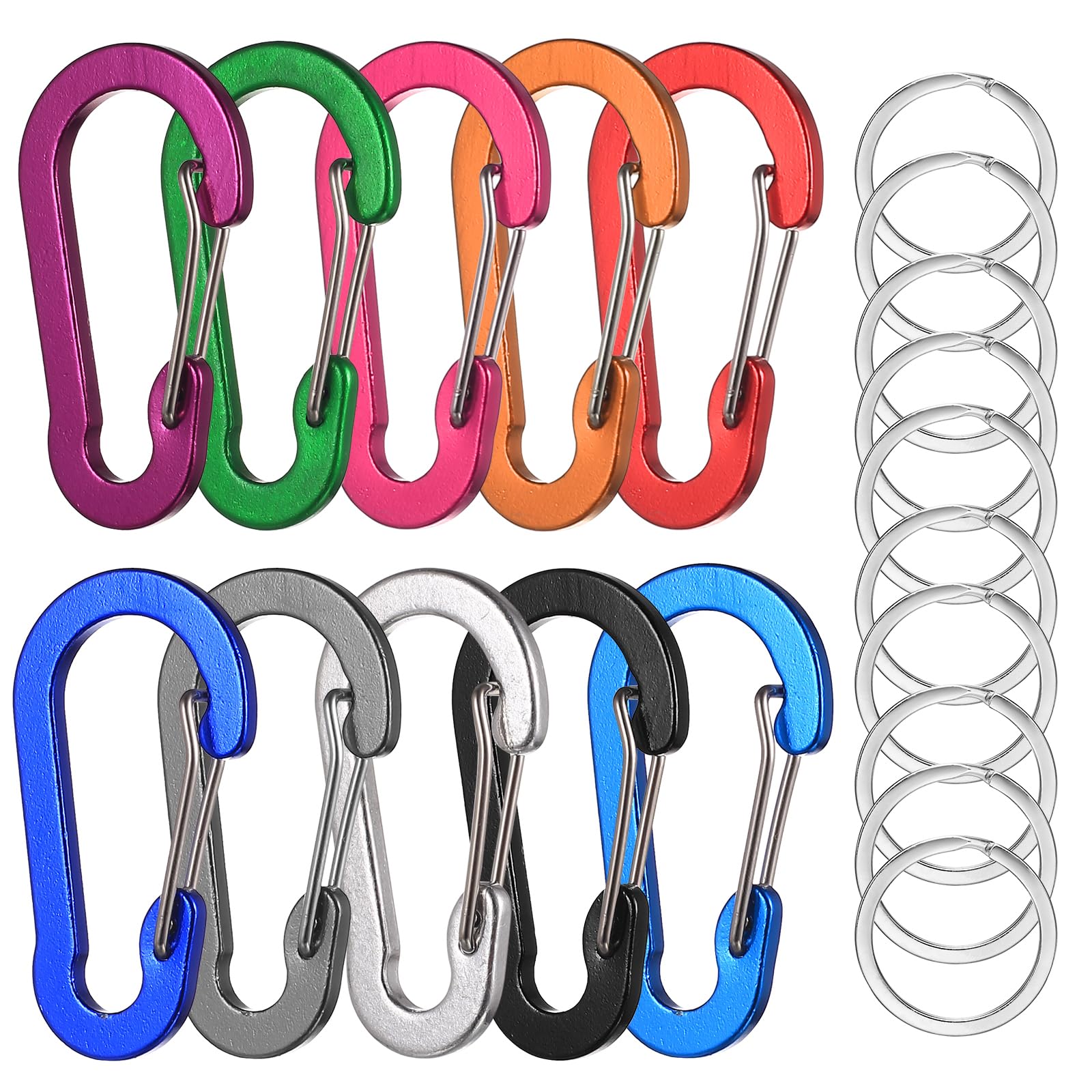 Mousquetons en Aluminium Colorés Porte-clés avec Anneau pour Randonnée Sac à Dos Pêche Camping 10 Pièces
