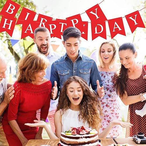 Miniatura 4 de Hooqict Cartel rojo de feliz cumpleaños para telón de fondo, decoraciones de fiesta de cumpleaños rojo para mujeres y hombres, suministros