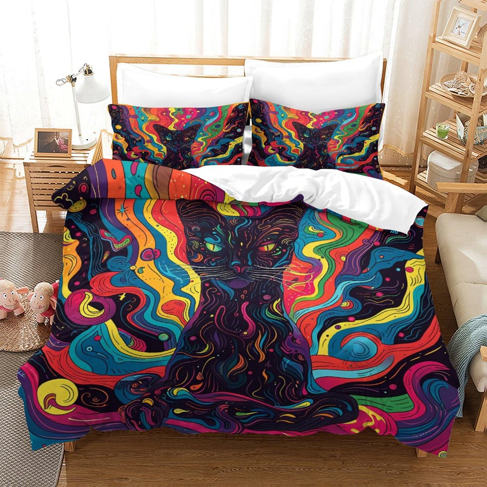 P1S9U7W5Y Artistic Cat 3D Printed Duvet Cover Set 3 Pieces Microfiber Bedding for Adults Teens Bedroom Decor Colorful Cat Bedding Set Double（200x200cm）