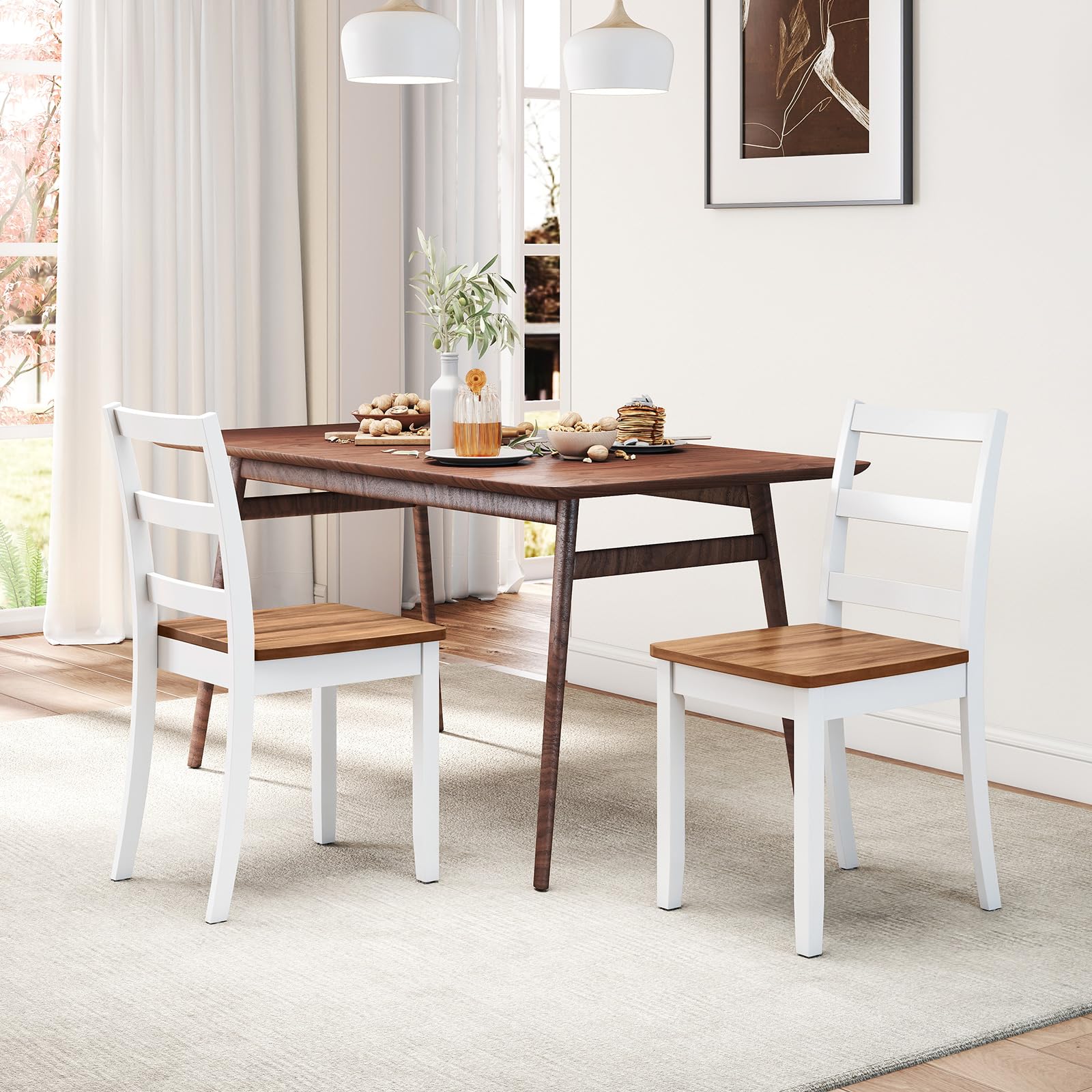 COSTWAY Esszimmerstühle 2er Set, Küchenstühle Holz, Esstisch Stühle, Holzstühle bis 190 kg belastbar, für Esszimmer, Küche (Braun + Weiß)