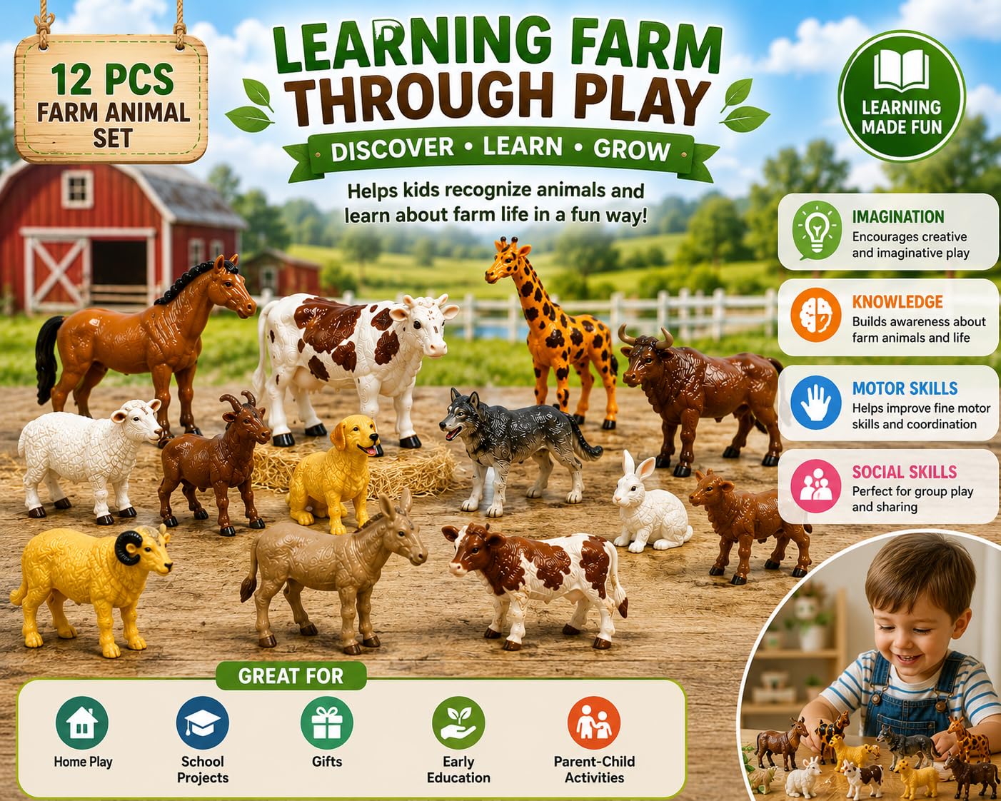 Brand Conquer Farm Animal Toys for Kids, 12 Pcs Realistic Farm Animal Figures Set, Non-Toxic Plastic Learning Toys for Boys & Girls, Educational Montessori Animal Playset, Birthday Gift for 3+ Years — Amazon image 5