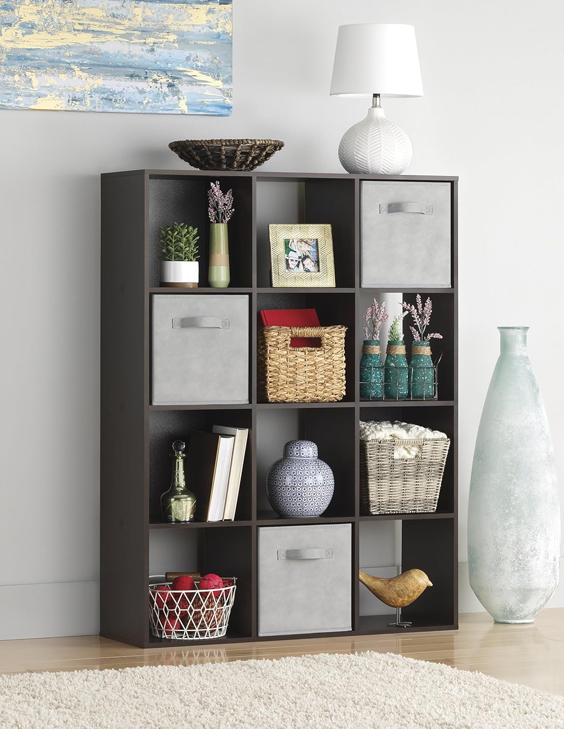 whitmor 12 cube bookcase, 4 tier stackable mdf bookself, open storage display organizer, storage cabinet for living room, bedroom, home, office, 35.1" l x 11.7" w x 47.5" h, espresso espresso 12 cube, 35.1"l x 11.7"w x 47.5"h