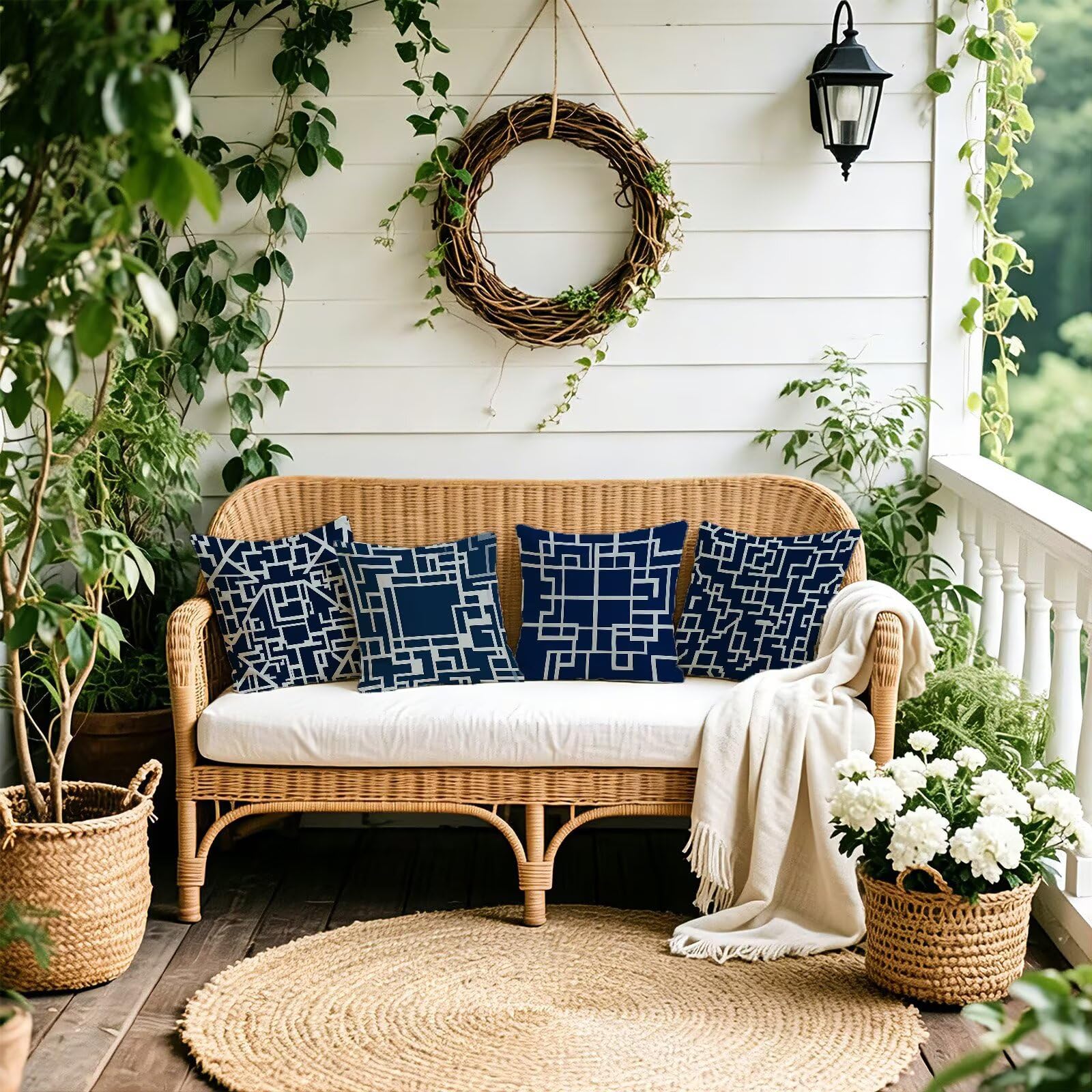 Blu Federe Cuscini Divano 60x60cm, Cuscini da Esterno Set de 4, Cod-44 | Lin Copricuscini Decorativi Letto Arredo, per Letto, Soggiorno, Giardino, Esterno, Casa Decorazione Set di 4 Astratto