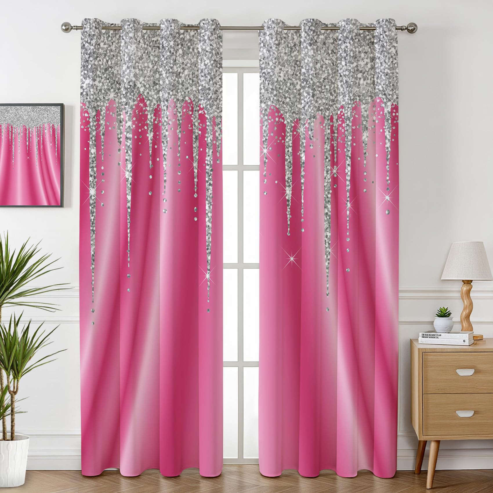 Glitzer Rosa Vorhänge Wohnzimmer Blickdichte Glamour Prinzessin Kinderzimmer Gardinen mit ösen Thermo Vorhang Gegen Kälte Verdunklungsvorhänge für Schlafzimmer 2er Set H 137 x B 117 cm