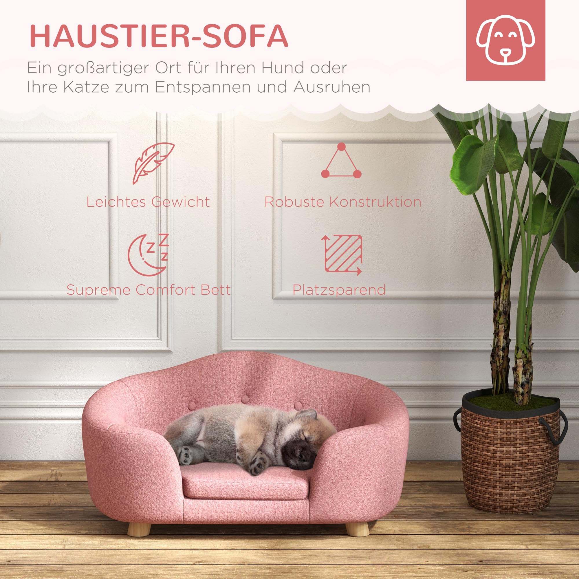 PawHut Sofá para mascotas, alfombrilla para perros, sofá para perros, gatos, sofá con cojín, bolsillo trasero, espuma de pino rosa, 70 x 47 x 30 cm
