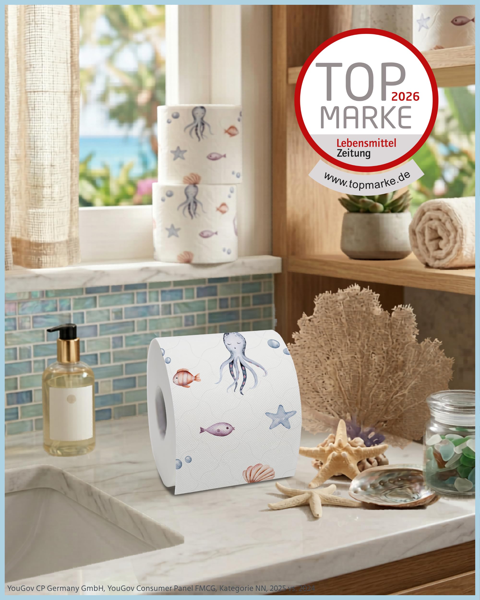 Glücksblatt Toilettenpapier 3-lagig, 48 Rollen mit bunten Druckmotiven | Premium Frischzellstoff mit bunten Motiven, 150 Blatt je Rolle, superweich & reißfest, PEFC™ zertifiziert, 30% Recyclingfolie