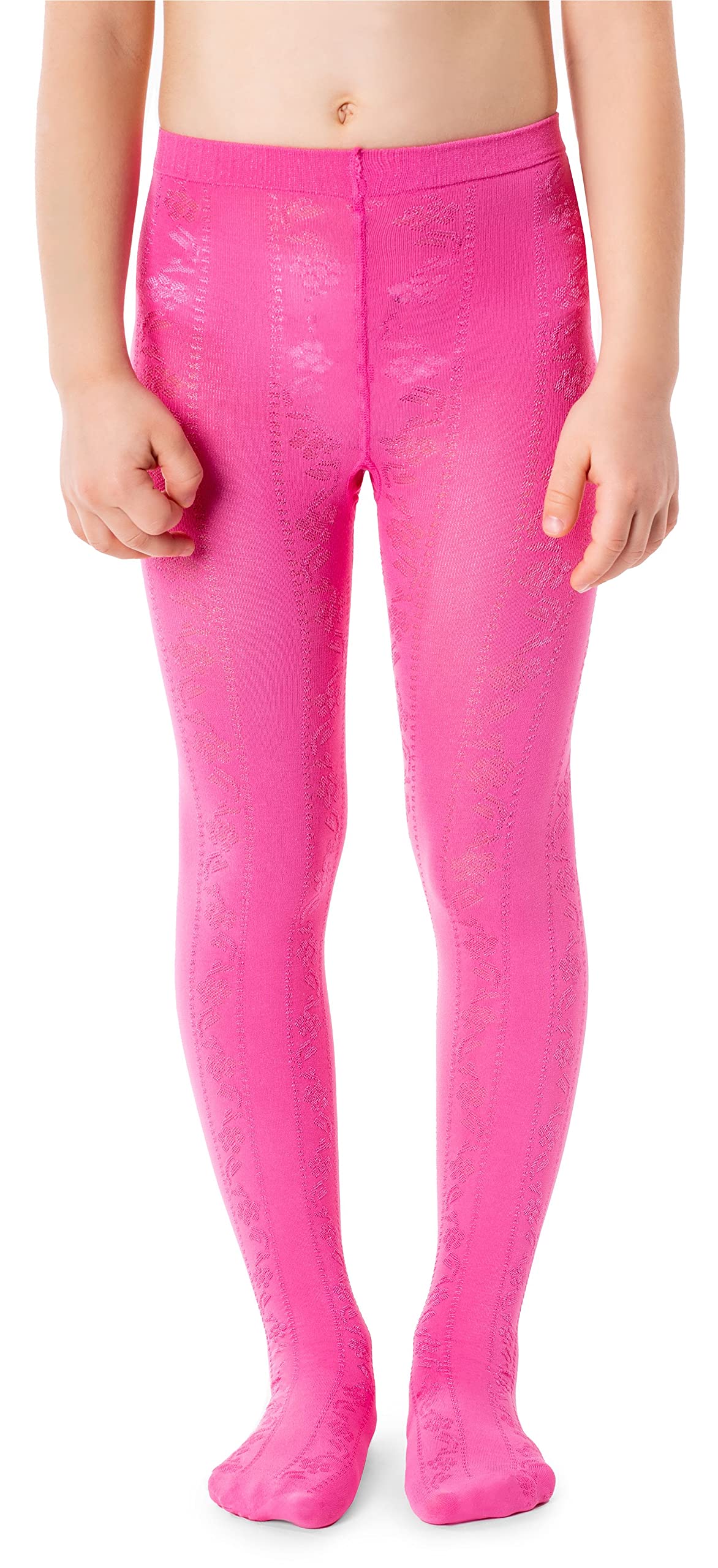 NOQ Girls Tights with 3D Effect Pattern Plain Dance Gymnastic School Pantyhose Fancy Outfit Little Princess, Balbina Raspberry 4-5 years (104-110 cm)