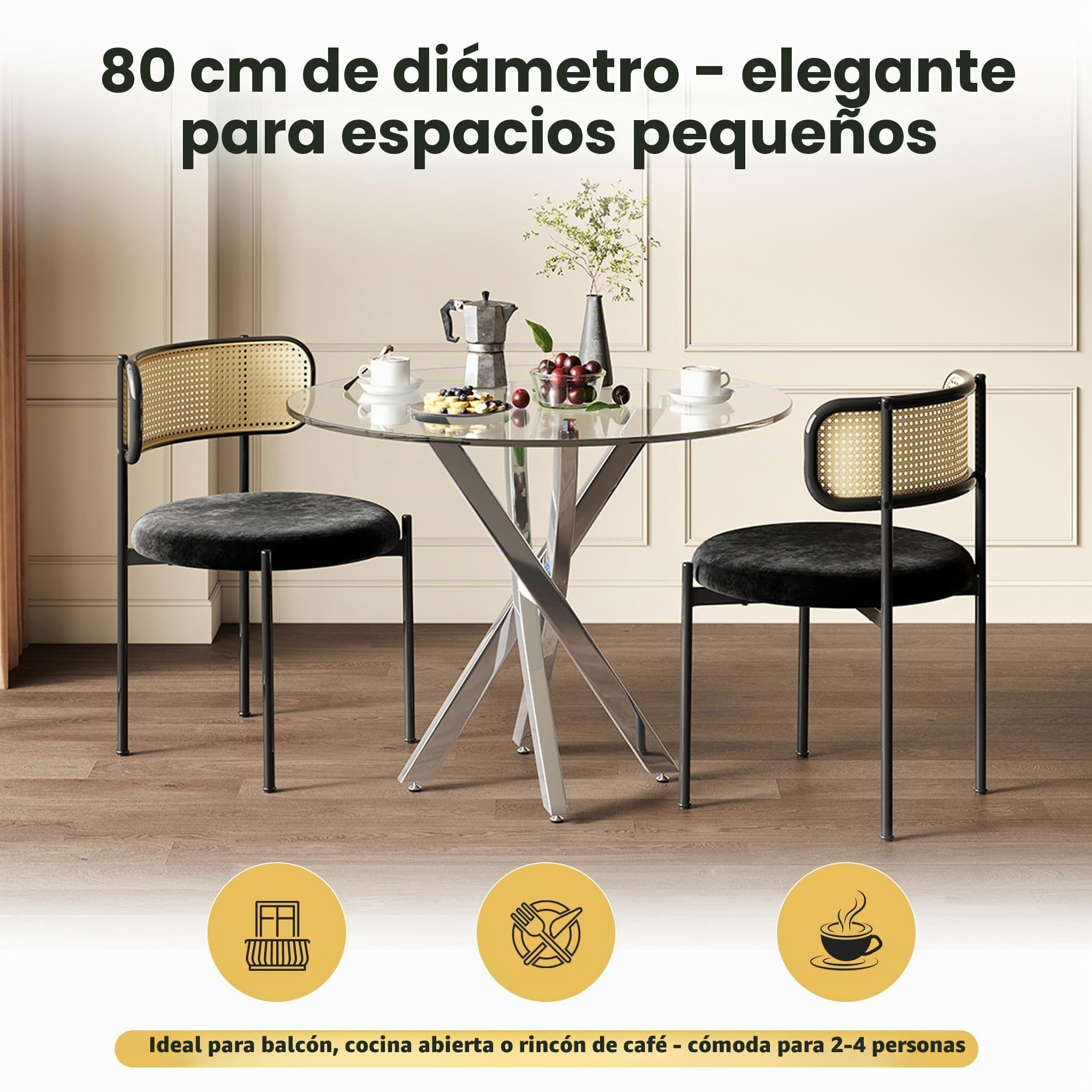 Mesa de comedor redonda de cristal de 80 cm, mesa transparente con patas de metal, mesa de comedor, cristal templado, mesa redonda para el hogar, comedor, sala de estar (redonda plateada)