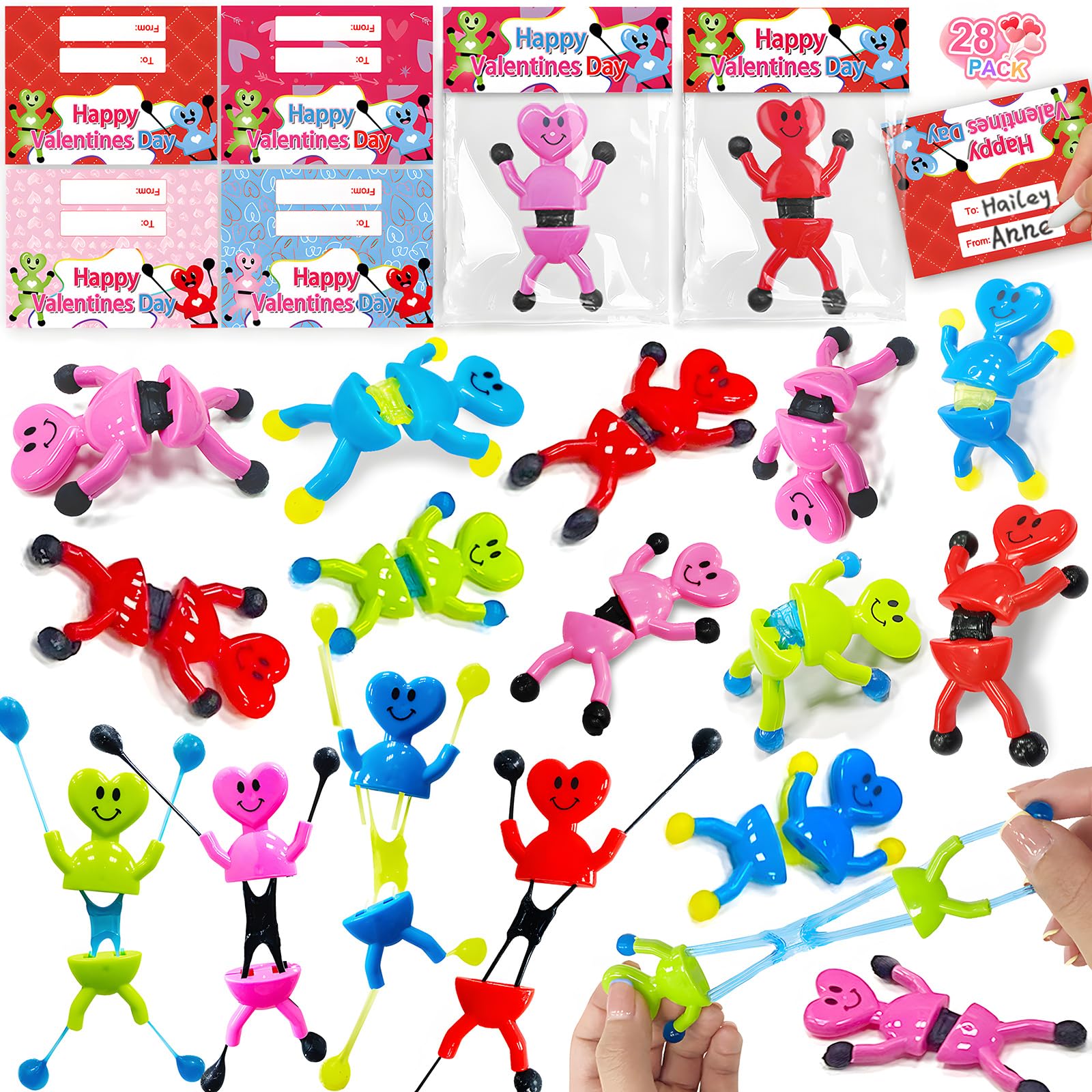 AMENON 28 Pack Valentines Gifts for Kids Prefilled Heart Shape Sticky Toys Wall Climbing Men with Cards Classroom School Exchange Valentines Party Favor Boys Girls Prizes Goodie Bags