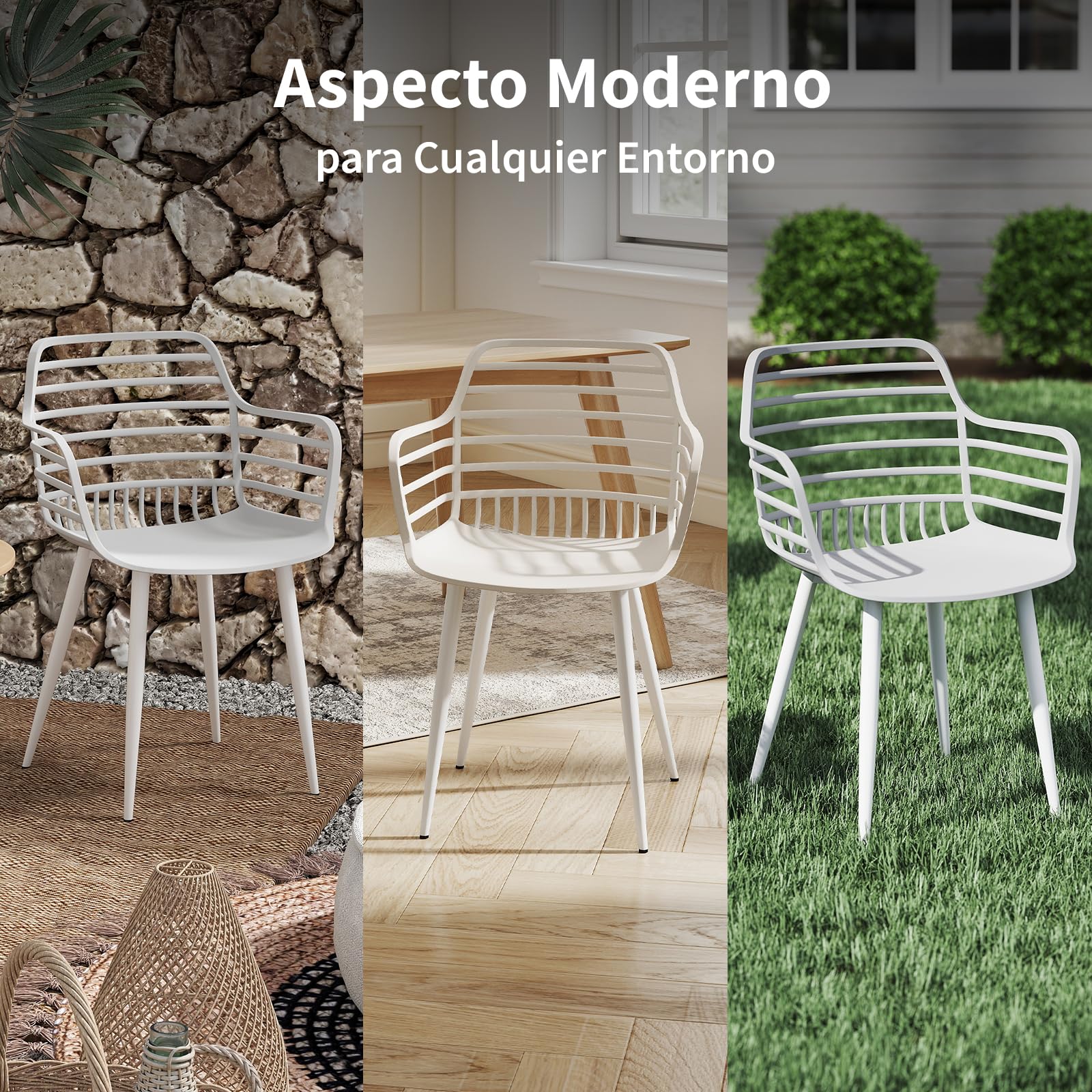 JIJIAN Sillas de Jardín Juego de 4, Sillones para Exterior con Reposabrazos y Respaldo, Plástico PP con Patas de Hierro, Capacidad de Carga 120 kg, para Balcón, Jardín, Terraza, Blanco