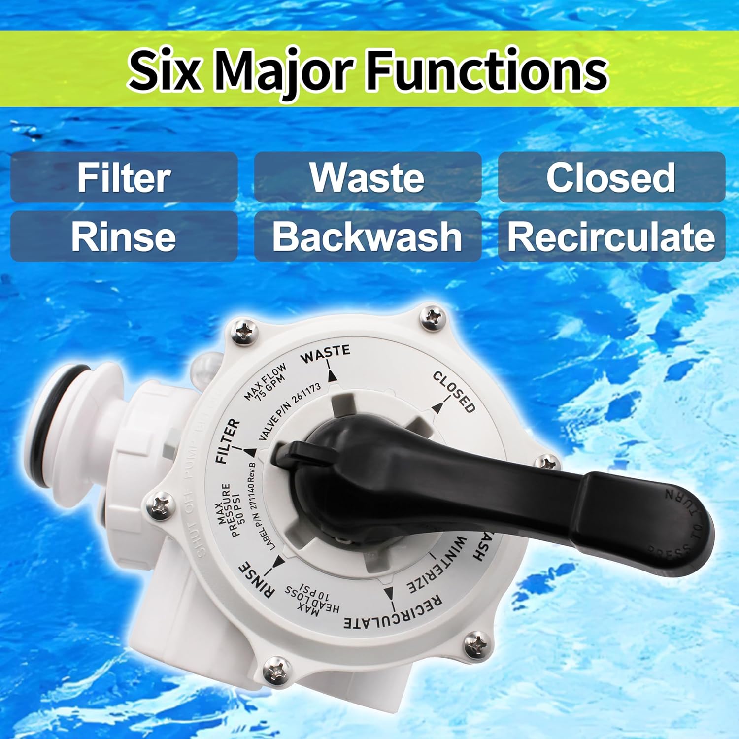 261173 1-1/2" Multiple Port Valve Compatible with Quad D.E. and Sand Filters,1.5 inch Threaded Ports 6 Positions Side Mound Backwash Valve