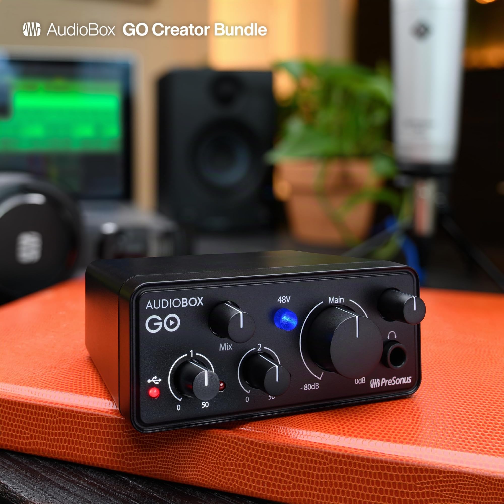 PreSonus AudioBox Go Creator Set completo di registrazione in studio con interfaccia USB Audio 96K, microfono a condensatore, cuffie di monitoraggio professionali e software DAW Studio One Pro