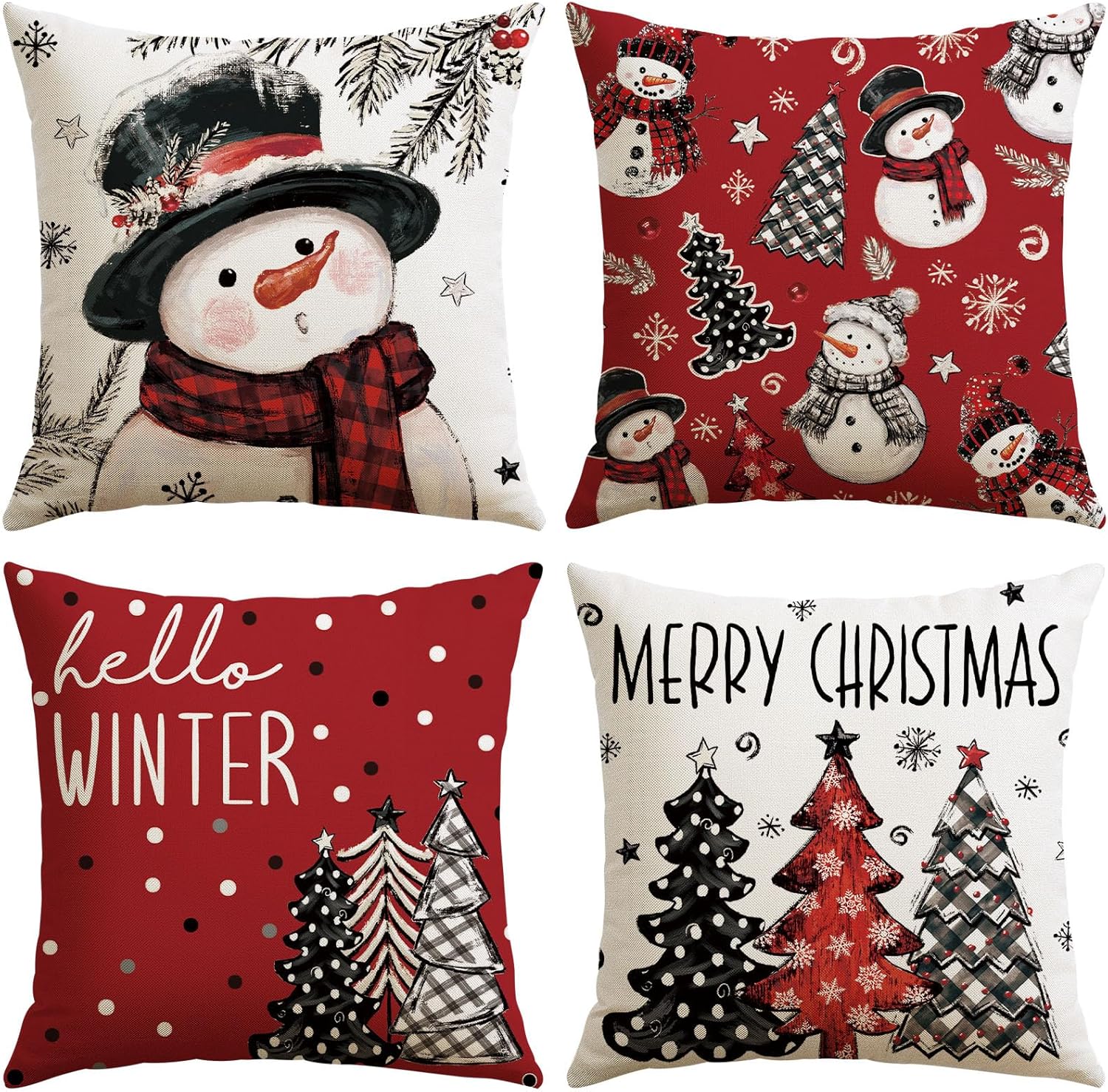 OTOSTAR Christmas Throw Pillow Covers 18x18 Inch Set of 4, Christmas Tree Snowman Farmhouse Decorative Red Pillow Cases Hello Winter Holiday Xmas Cushion Covers for Sofa Bed Couch
