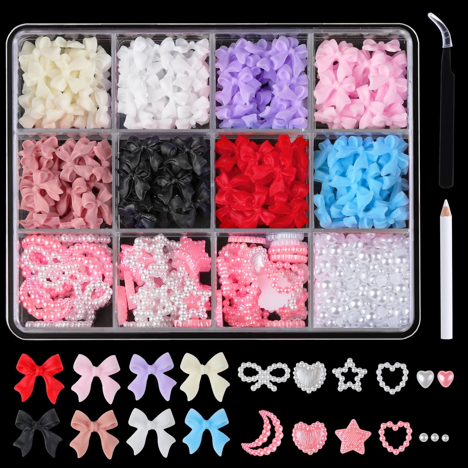 Nail Charms, 940 Pcs Bow Nail Charms and Heart Nail Charms, Bows for Nails & 3D Nail Charms Pink White Star Moon+ 2-10mm White Pearls for DIY Nail Art Decorations with 2PCS Pickup Tools