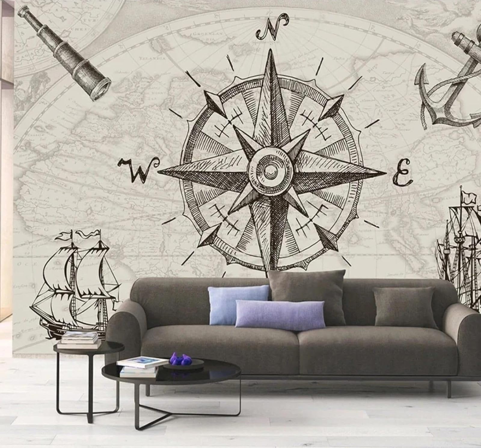 XLMING Vintage Hand Drawn Nautical Map Sailing Ship Compass 3D Wallpaper Premium Textured Silk Study Dining Living Room Bedroom Sofa TV Wall Easy Install-250cm×170cm