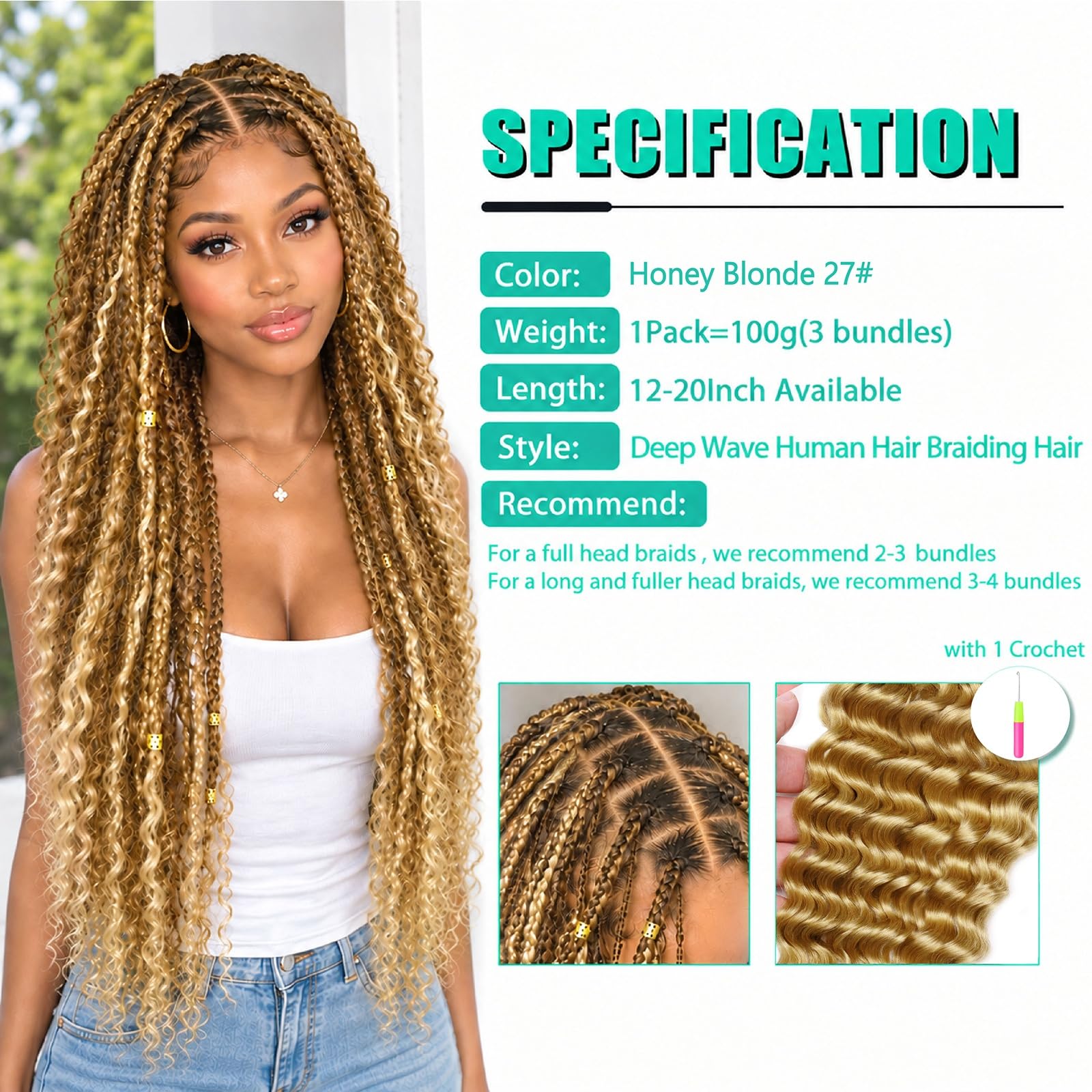 100% Virgin Human Hair Braiding Hair for Boho Braids, Bulk No-Weft