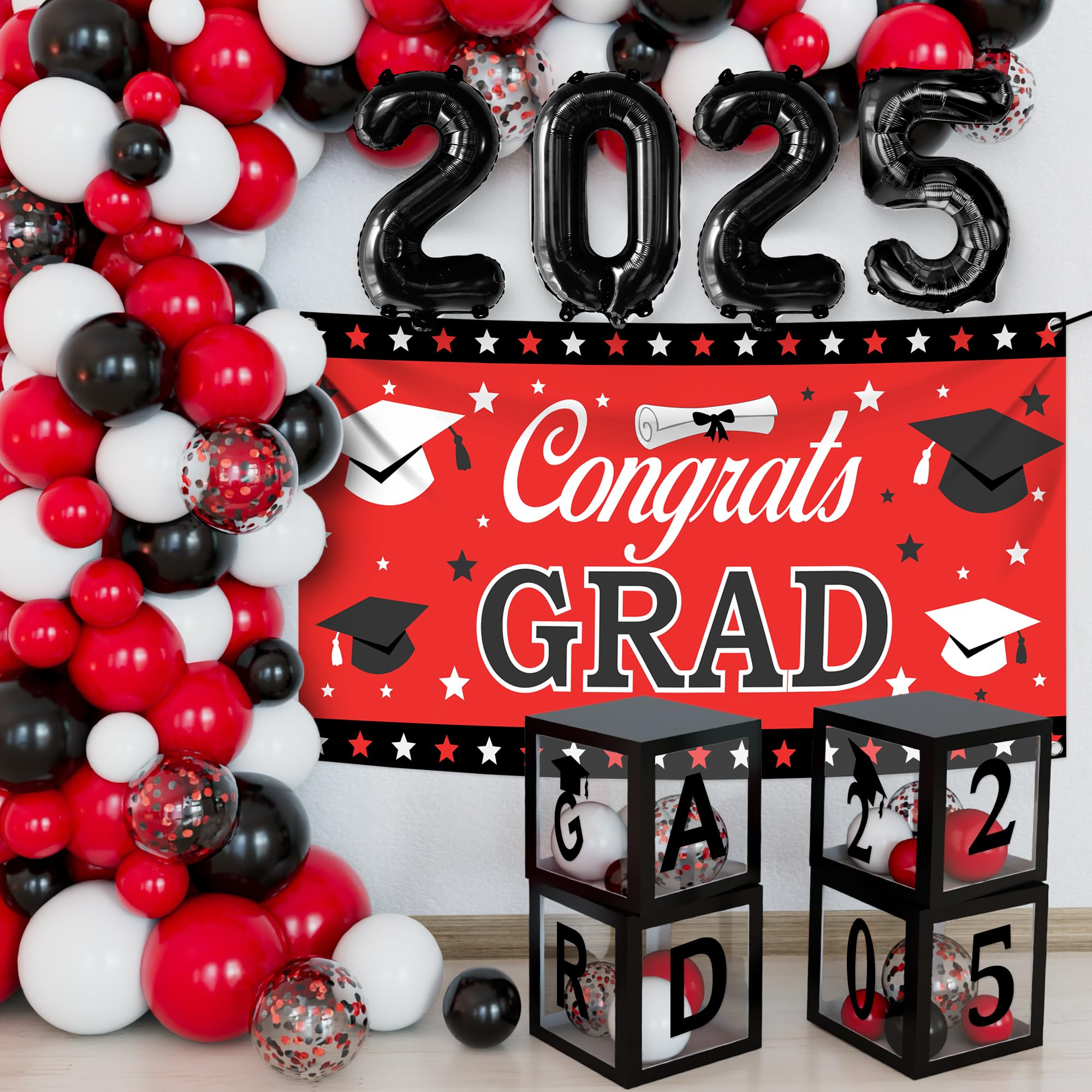 KatchOn, Graduation Decorations Class of 2025 Red and Black - Huge, Pack of 76 | Congrats Grad Banner and graduation Boxes 2025 | Red Balloon Arch Kit | Red and Black Graduation Decorations 2025