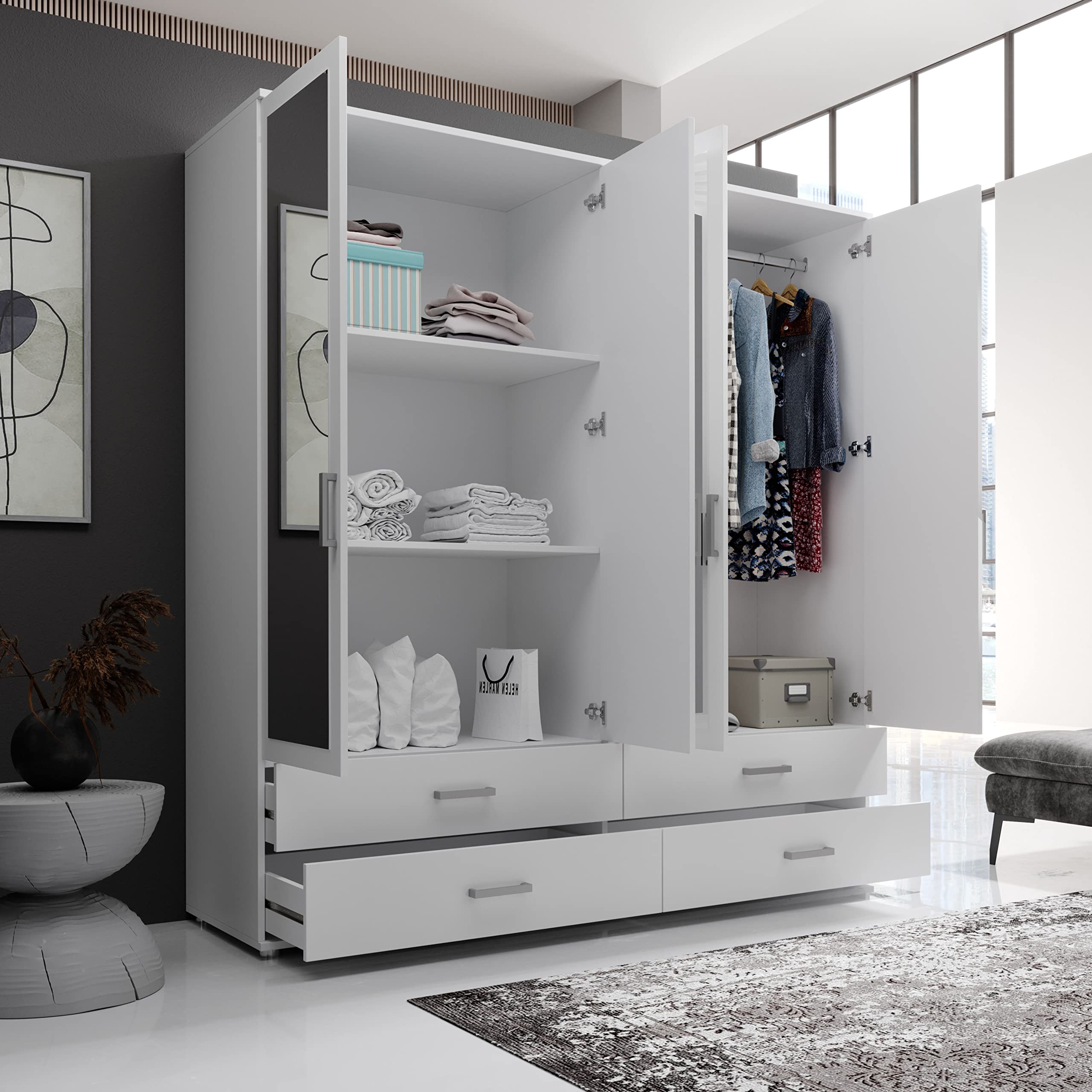 IVAR Kleiderschrank Schrank mit Spiegeln Schubladen Weiß Drehtürenschrank