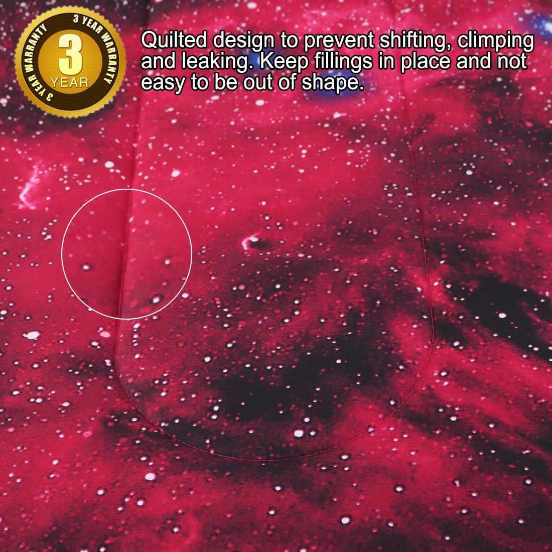 uxcell Full/Queen Size Galaxies Red Comforter Sets - 3D Outer Space Themed Bedding - All-Season Down Quilted Duvet - Reversible Design- Includes 1 Comforter, 2 Pillow Cases