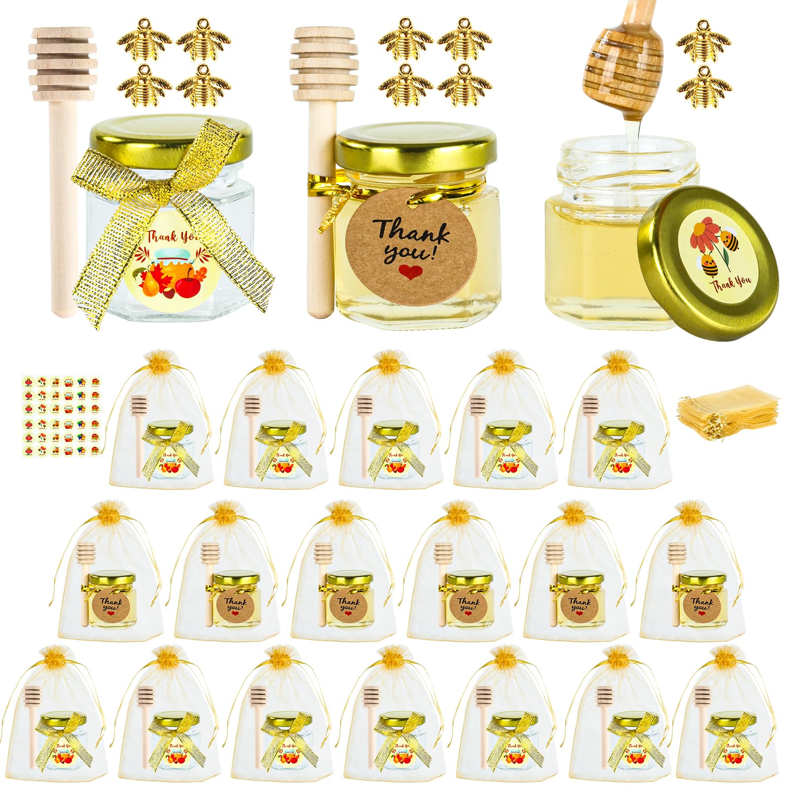 Mini Honey Jars with Dipper- 30Pcs Small Honey Jars Party Favors for Baby Shower,Wedding Favors, 1.5 oz Glass Jars with Lids (Gold, 30)