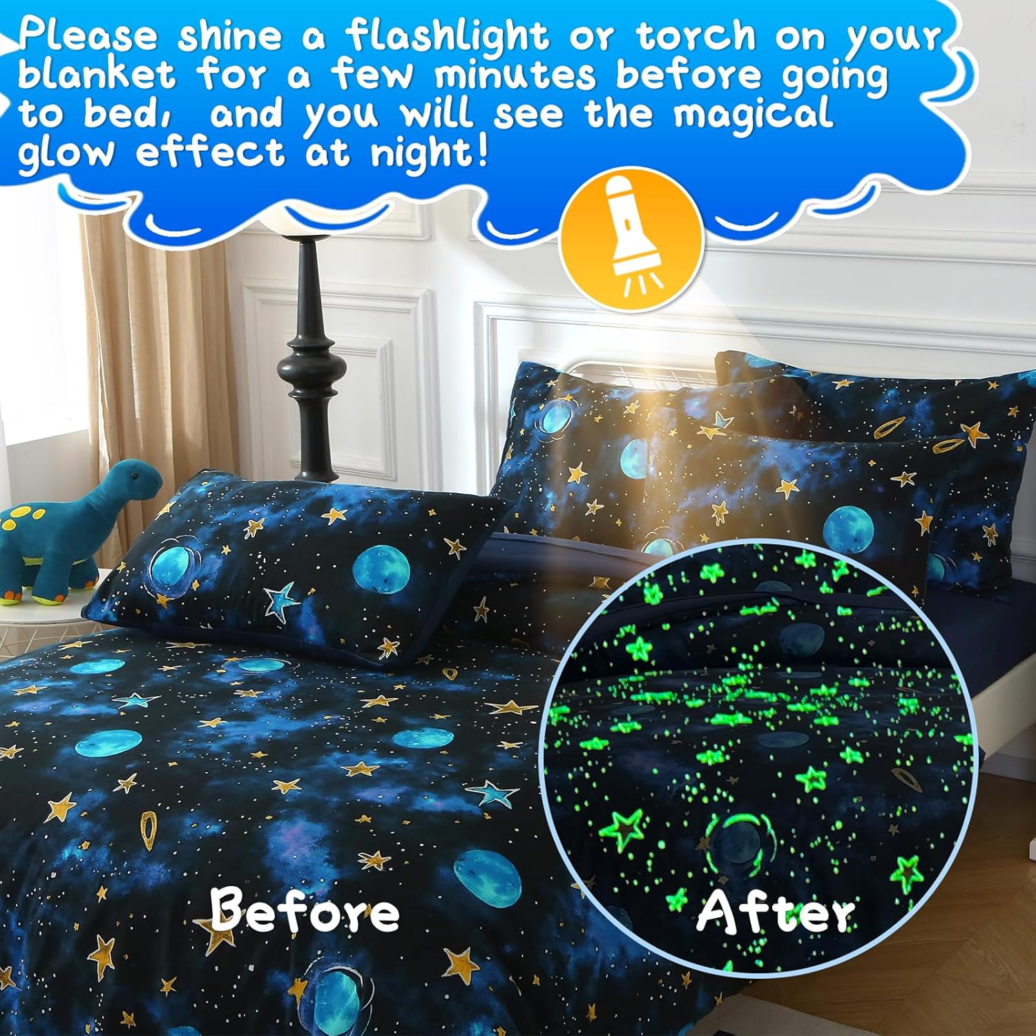 Glow in The Dark Kids Comforter Set, 5 Pieces Blue Space Bedding Set Twin Size for Boys Girls Teen, 1 Comforter, 1 Pillowcase, 1 Pillow Sham, 1 Flat Sheet, 1 Fitted Sheet