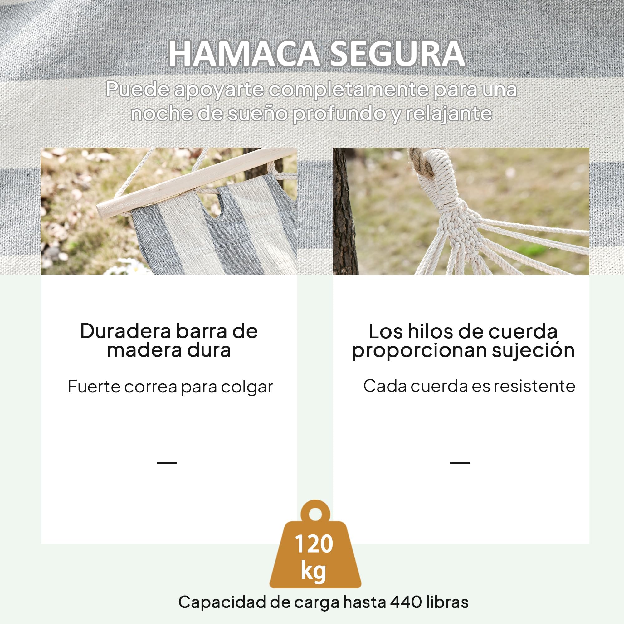 Outsunny Hamaca de Jardín 200x100 cm Hamaca Colgante con Travesaños de Madera Carga 120 kg para Patio Terraza Balcón Camping Gris y Crema