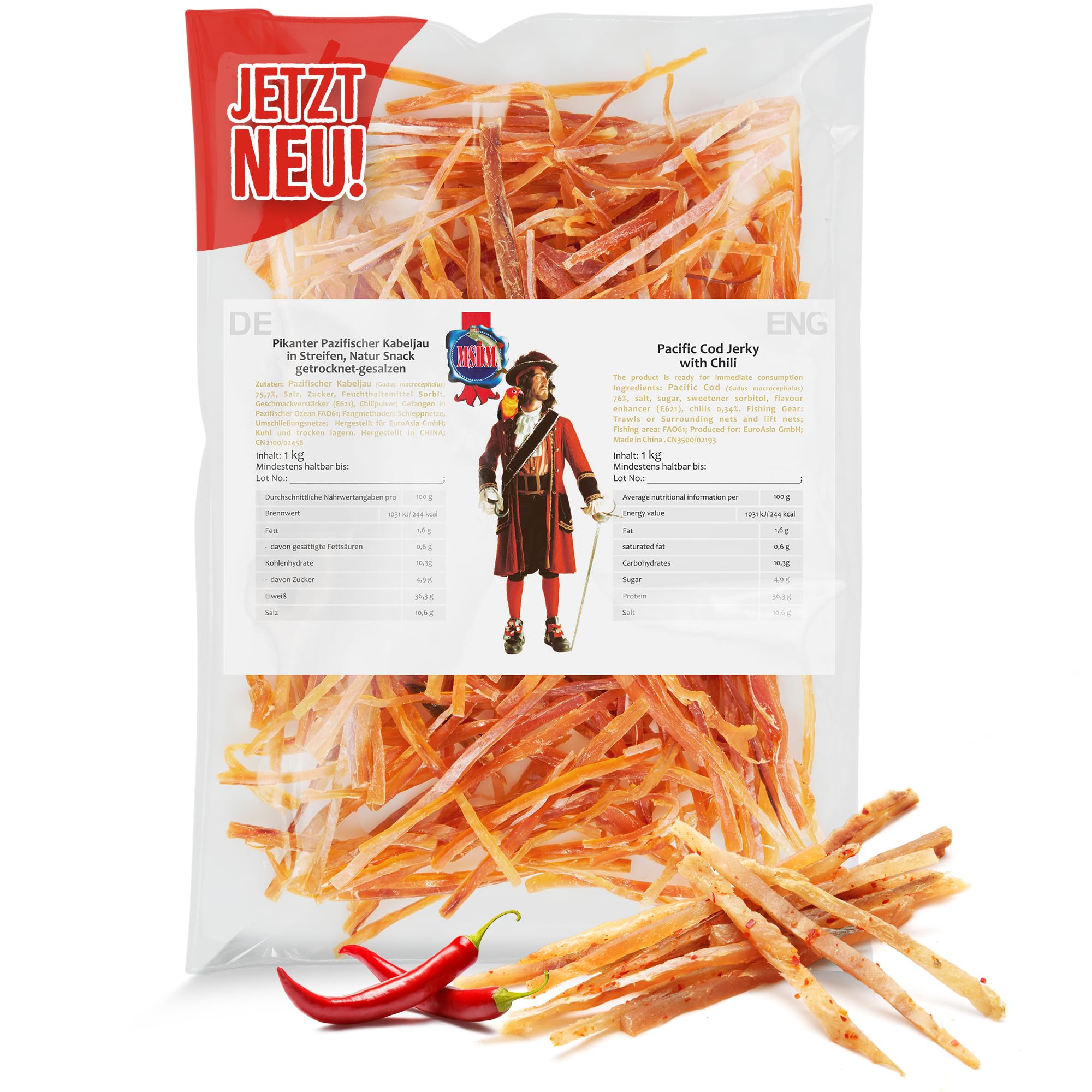 Pazifischer Kabeljau Pikant 1kg - Fisch Jerky I High Protein I Snacks I Trockenfisch Omega 3 I Beef Jerky , Trockenfleisch & Chips Alternative Keto