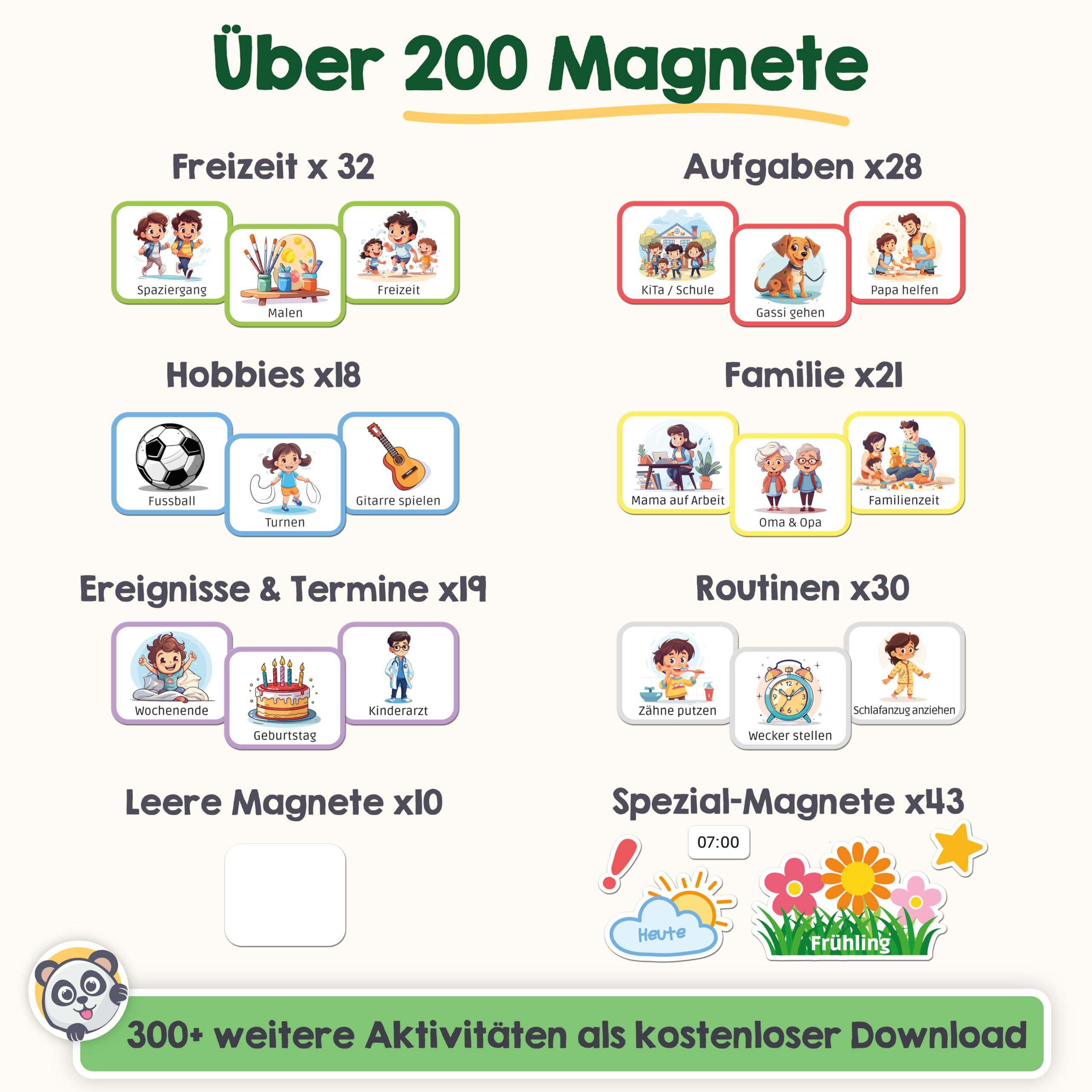PANDABANDE 2-in-1 Routine & Wochenplaner Kinder mit 200 Magneten & Sortierbox | Montessori Routine Planer Kinder für mehr Selbstständigkeit - Magnetischer Wochenplan mit Morgenroutine & Abendroutine